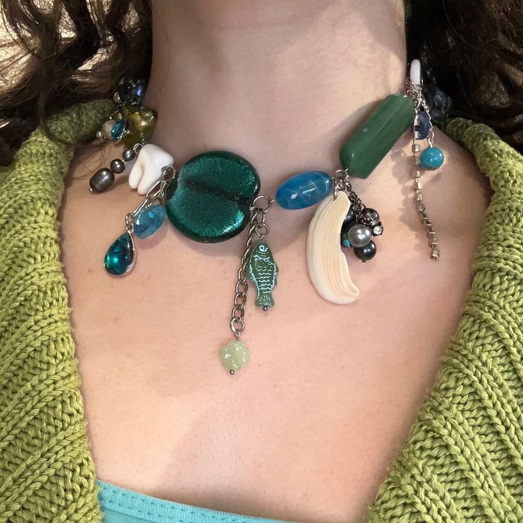 green and blue fish cluster necklace