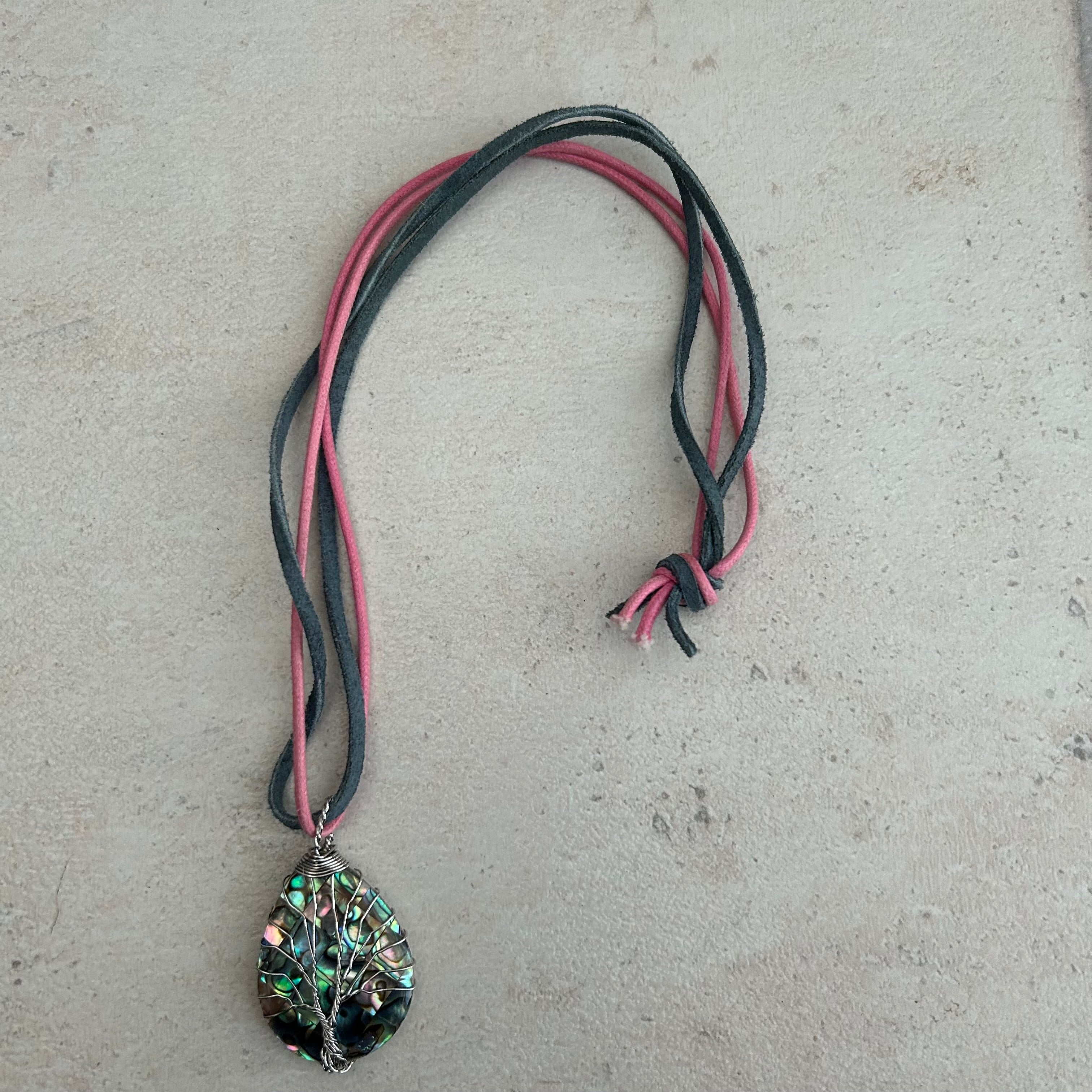Abalone mother of pearl wire wrapped pendant necklace
