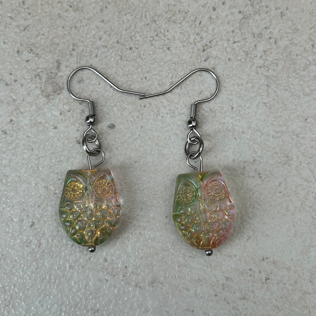 Pink and green wicked owl inspired earrings