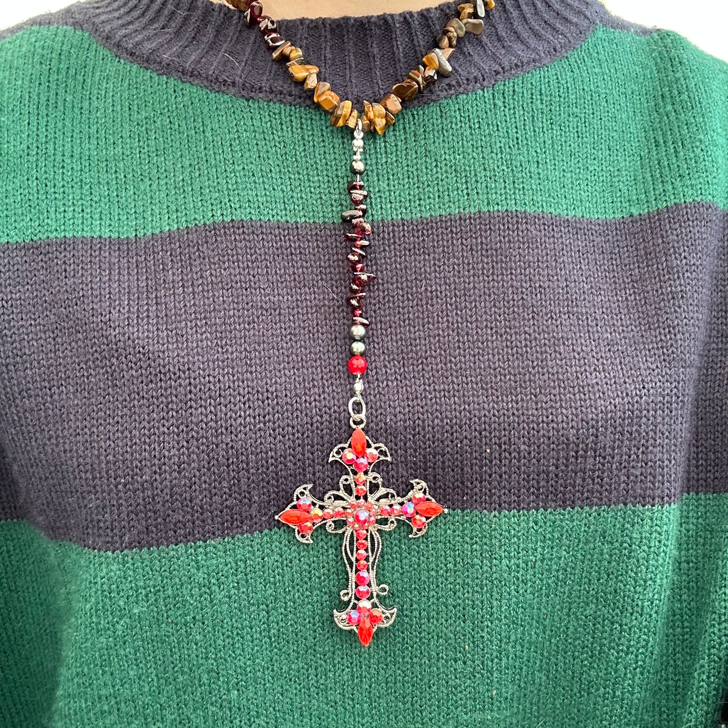 Tigers eye, garnet and freshwater pearl cross rosary inspired necklace