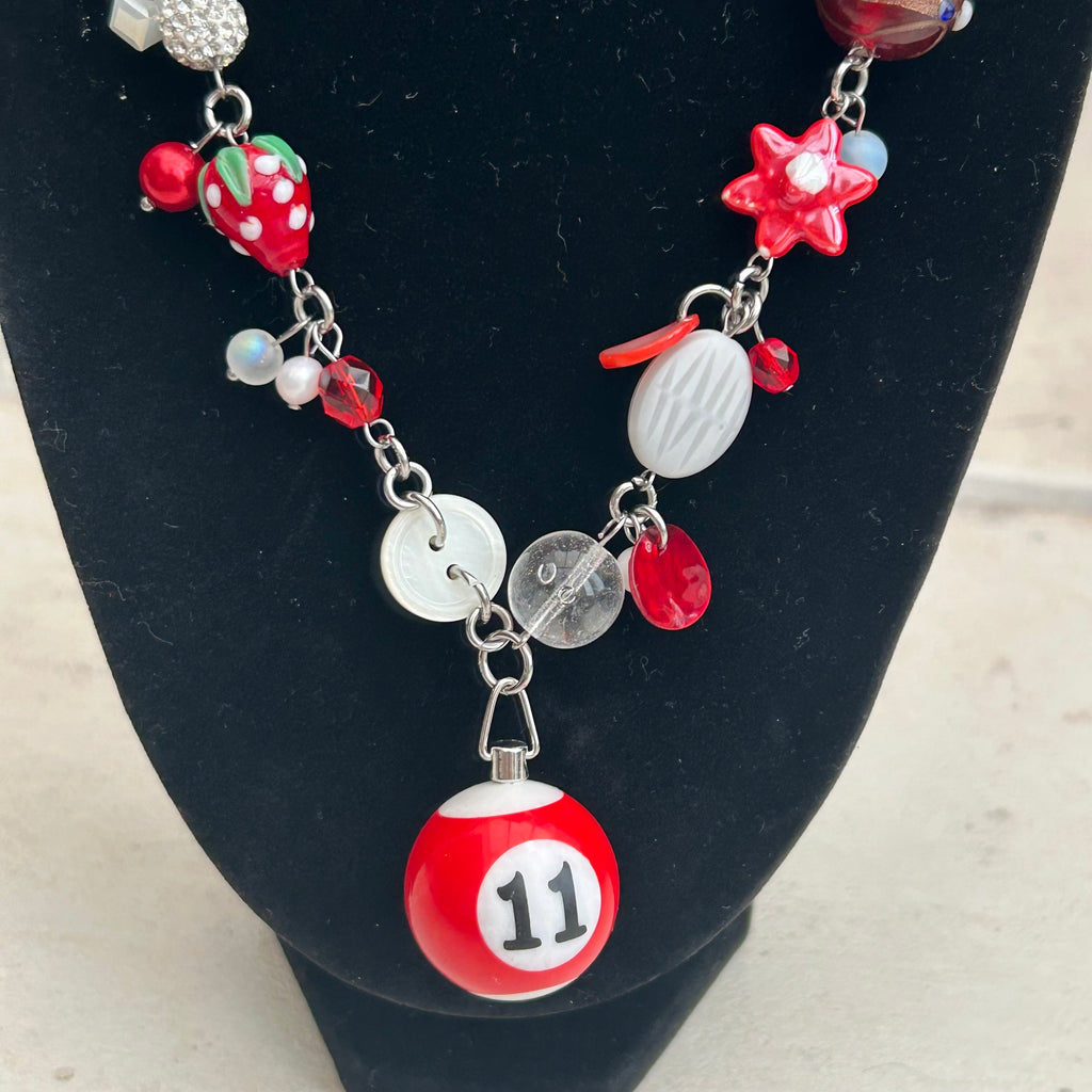Lucky 11 red and white cluster clutter necklace