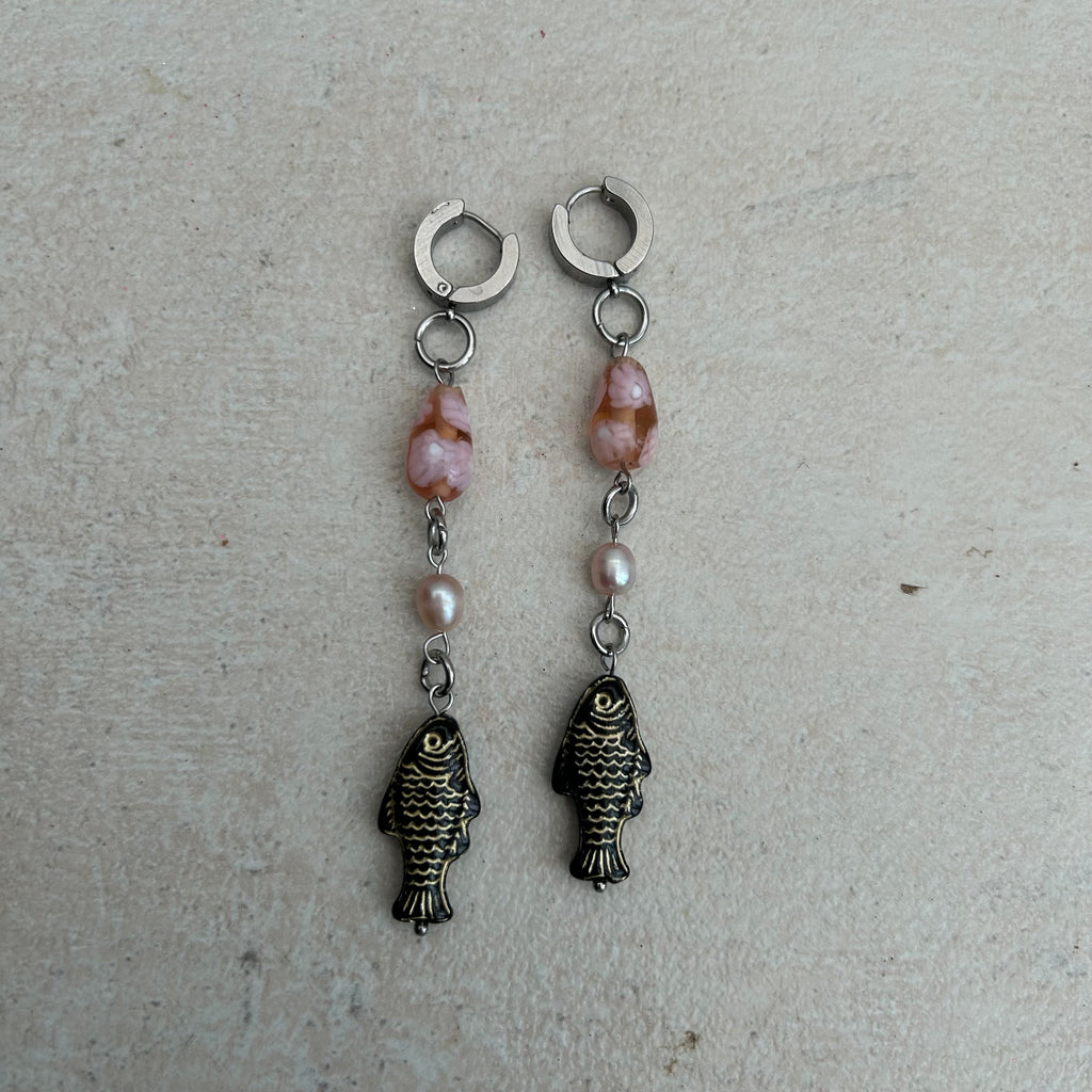 Blue glass fish freshwater pearl stainless steel earrings