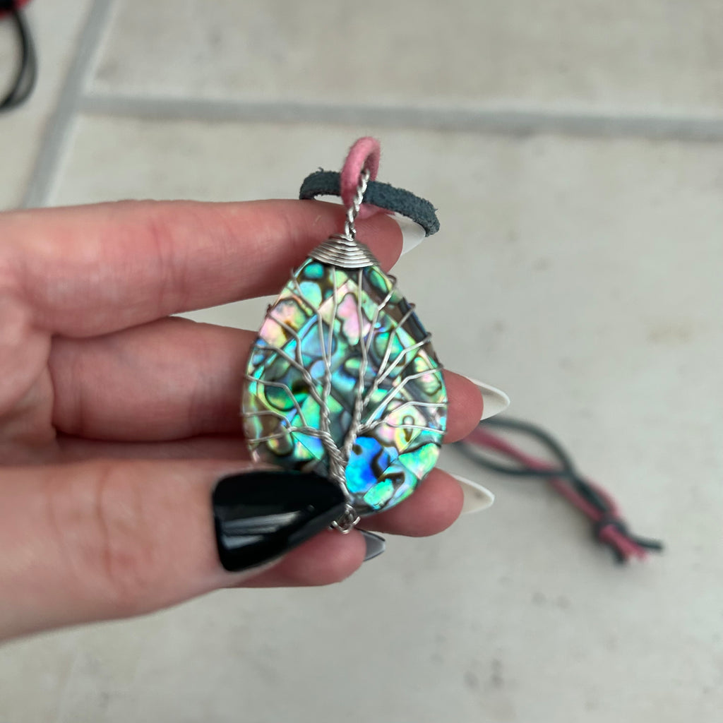 Abalone mother of pearl wire wrapped pendant necklace