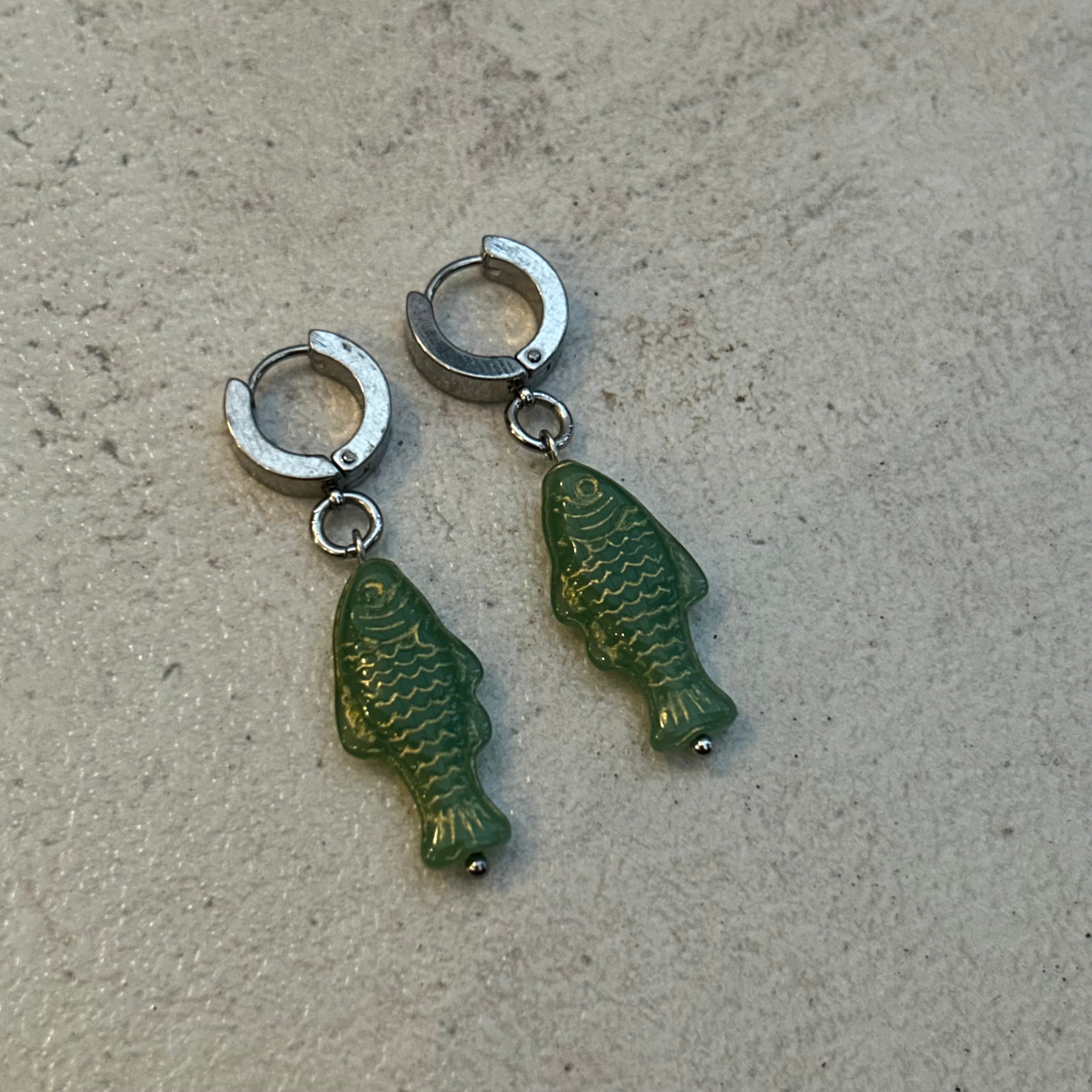 Gold on green fish earrings