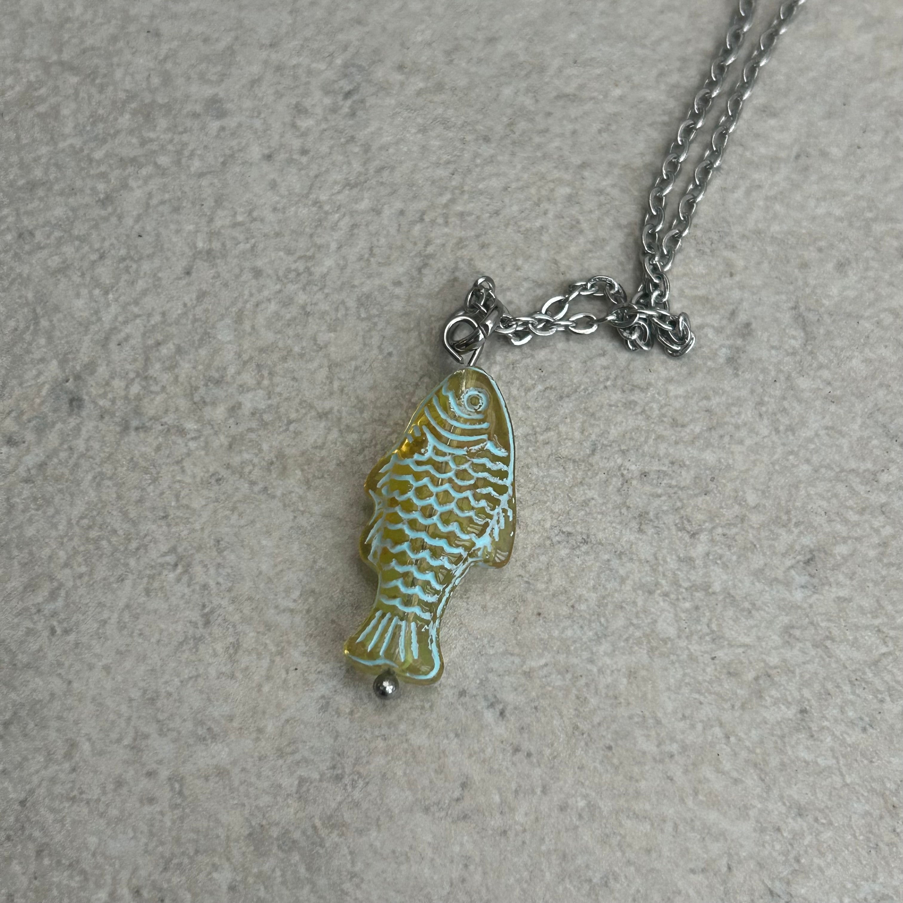 sage green glass fish stainless steel necklace