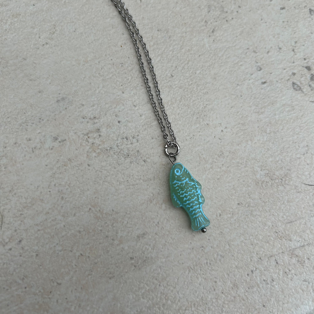 Blue on green fish necklace