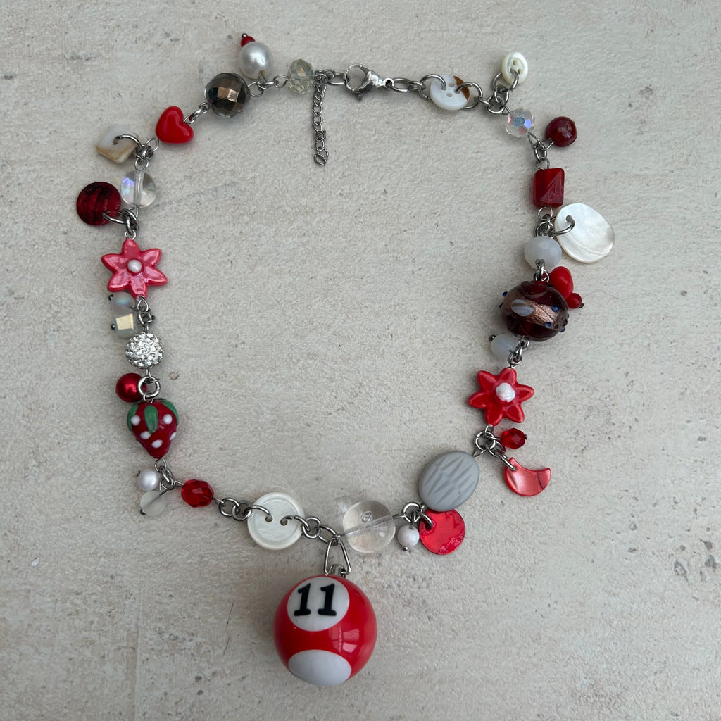 Lucky 11 red and white cluster clutter necklace