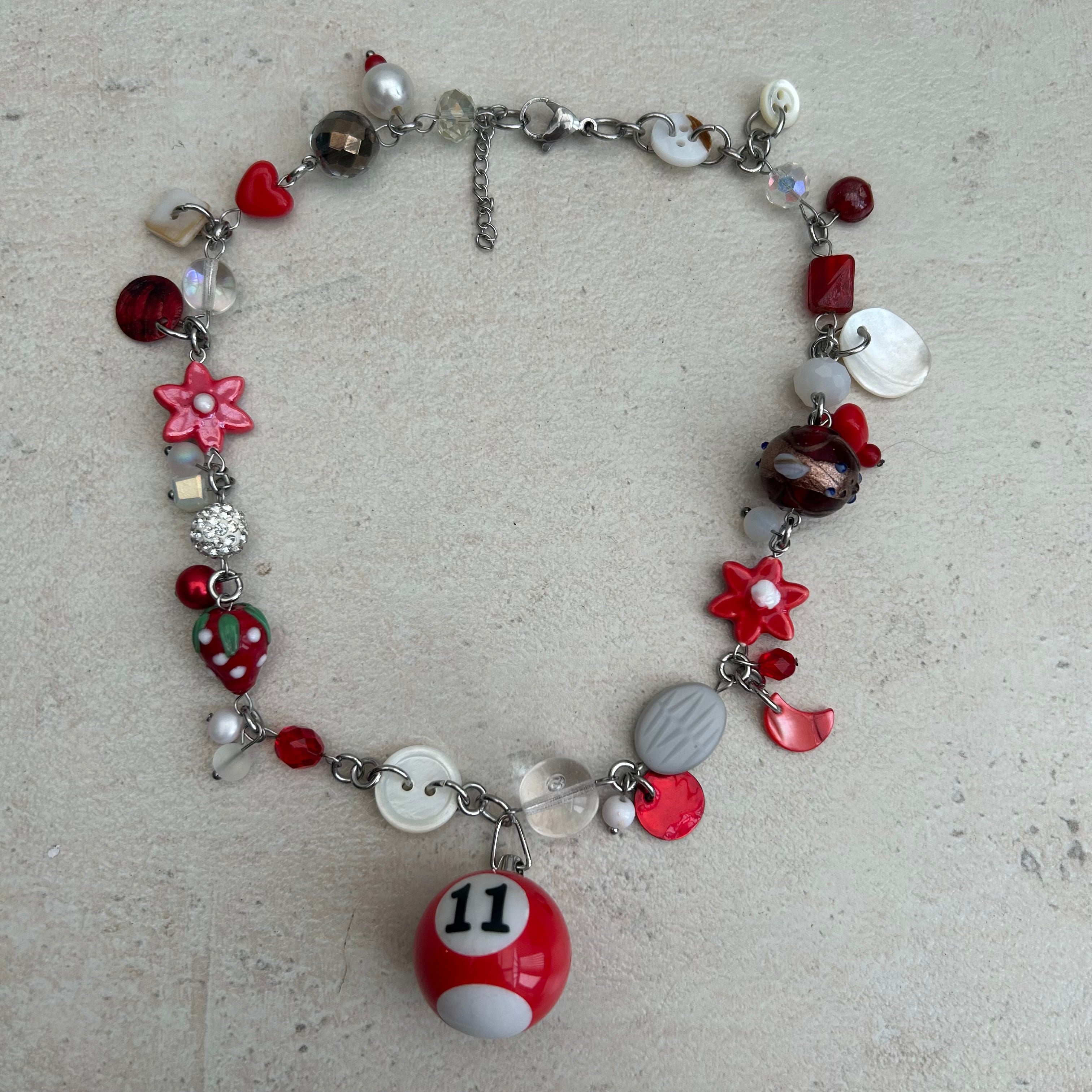 Lucky 11 red and white cluster clutter necklace