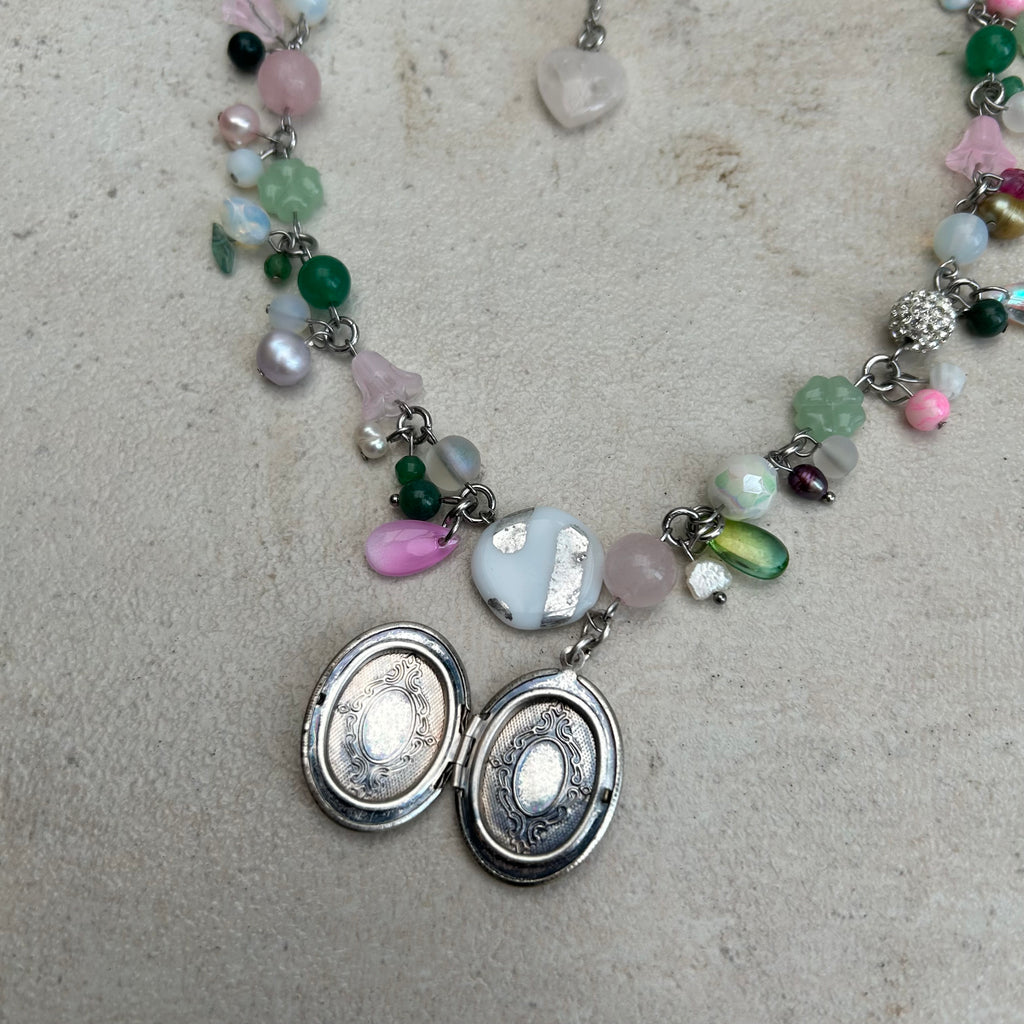 glass cluster clutter green and pink locket necklace