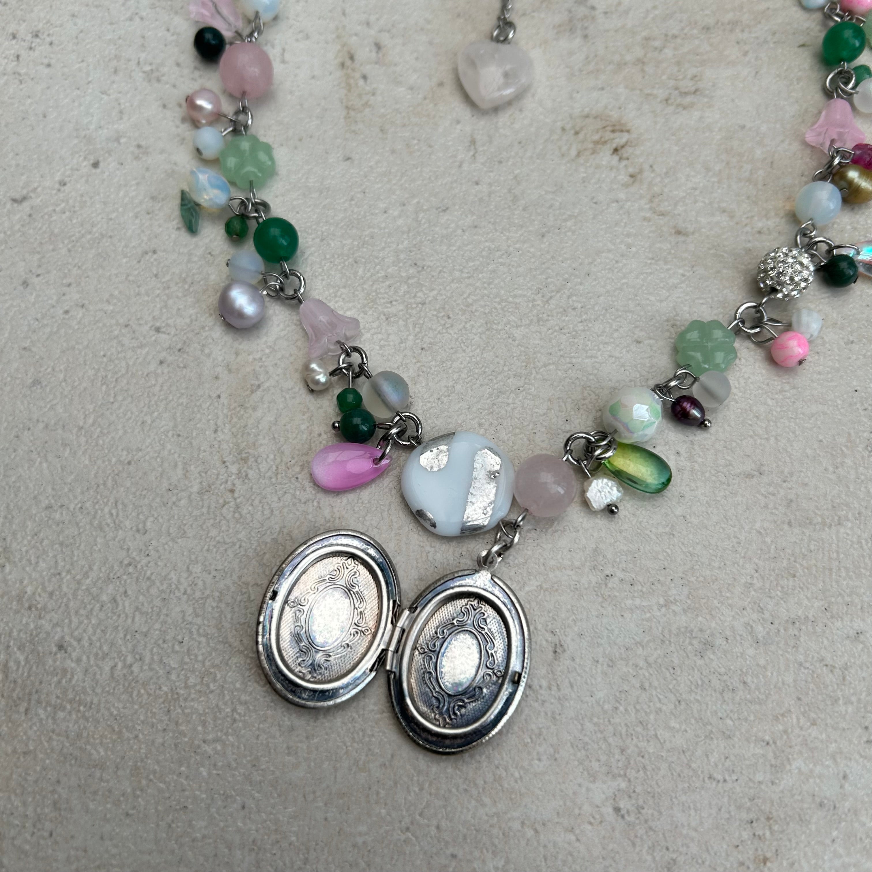 glass cluster clutter green and pink locket necklace