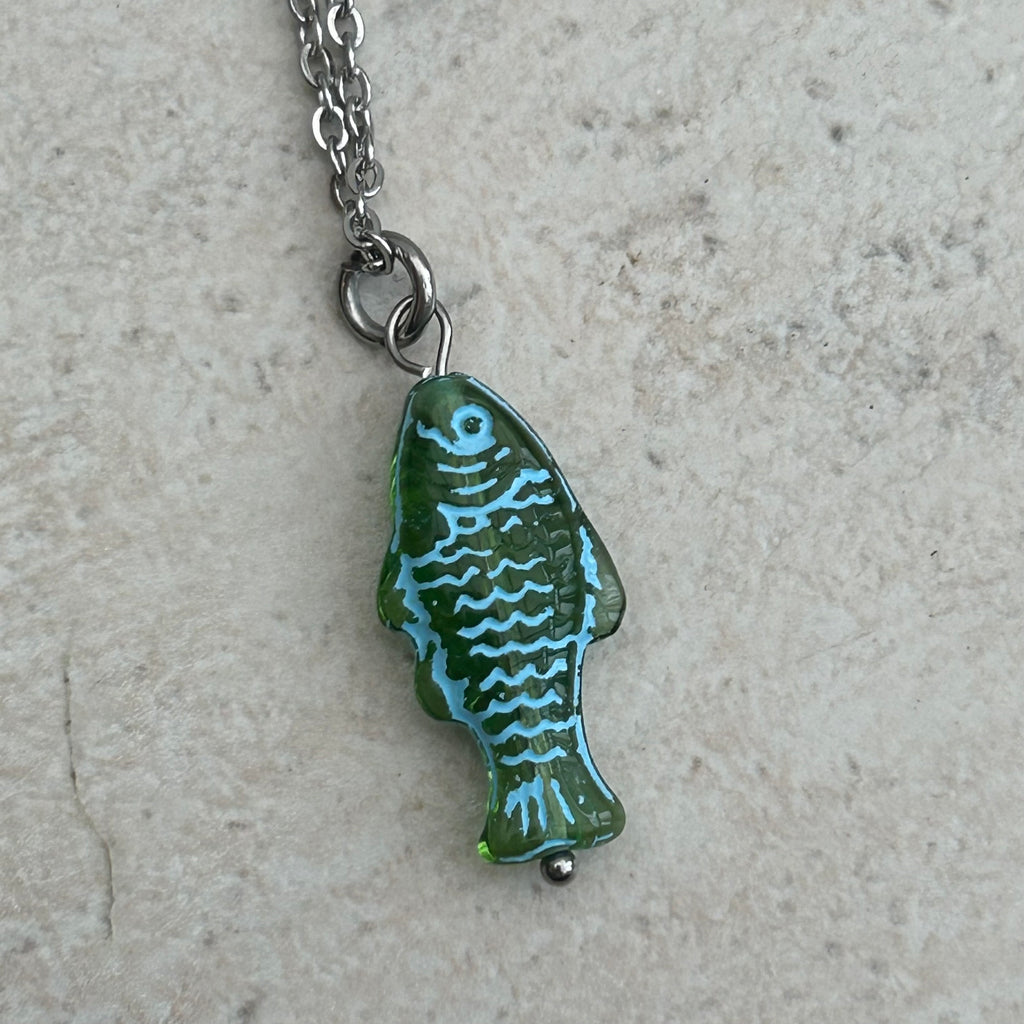 Blue on green fish necklace