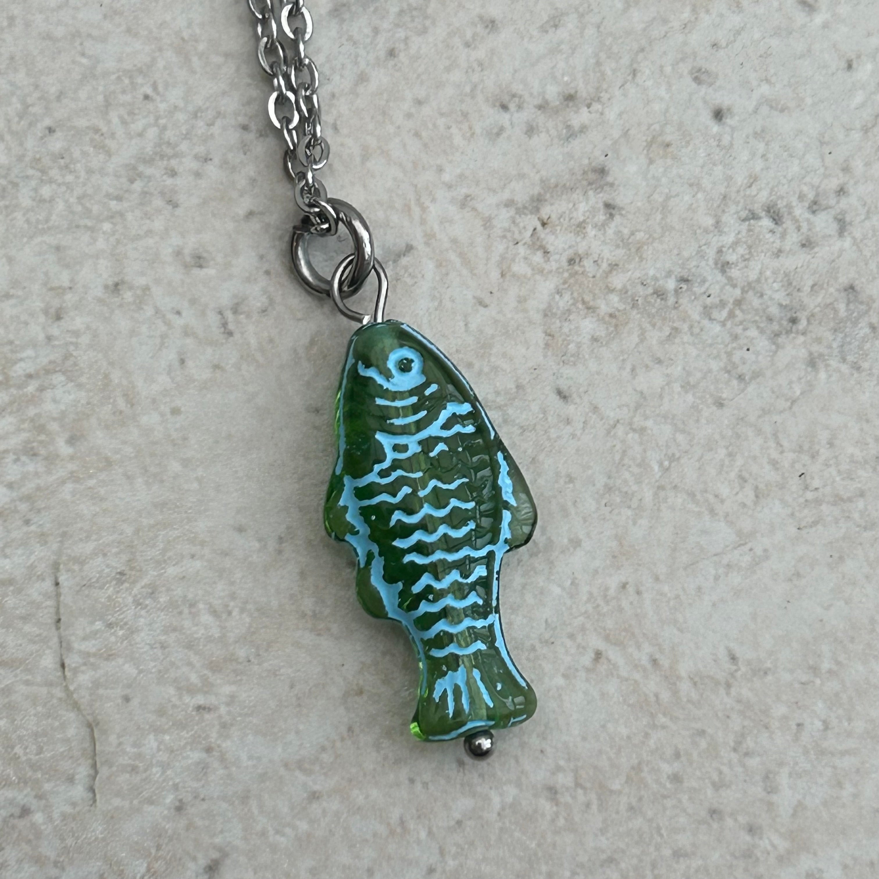 Blue on green fish necklace