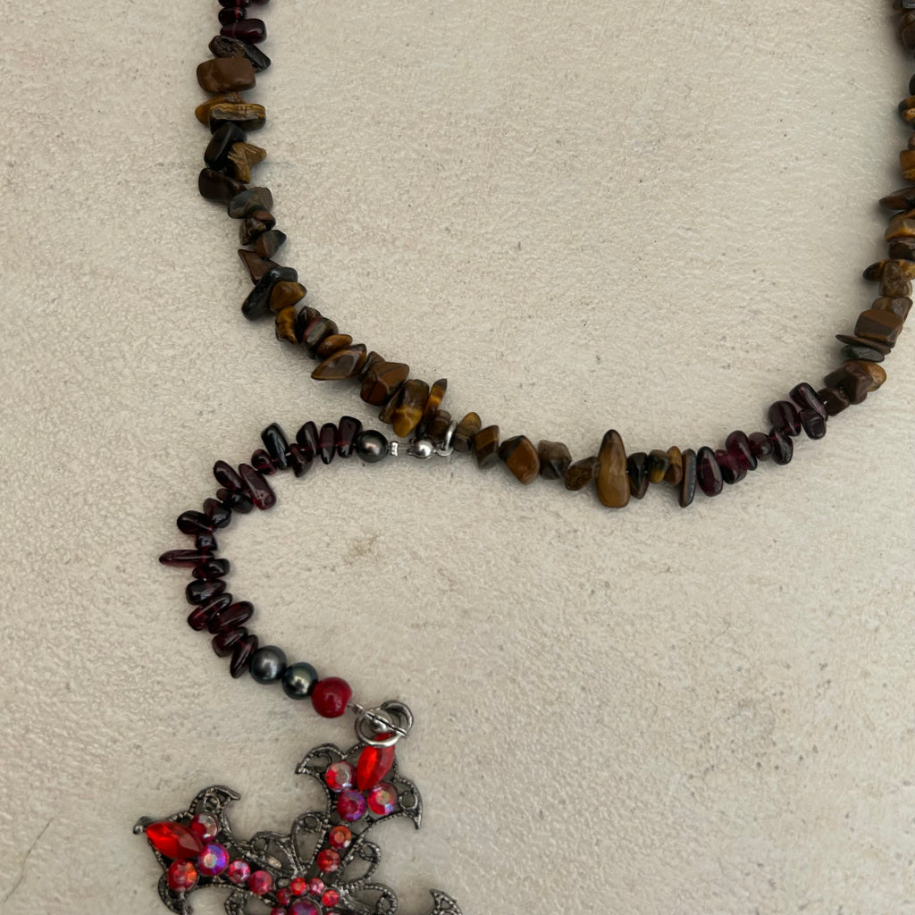 Tigers eye, garnet and freshwater pearl cross rosary inspired necklace