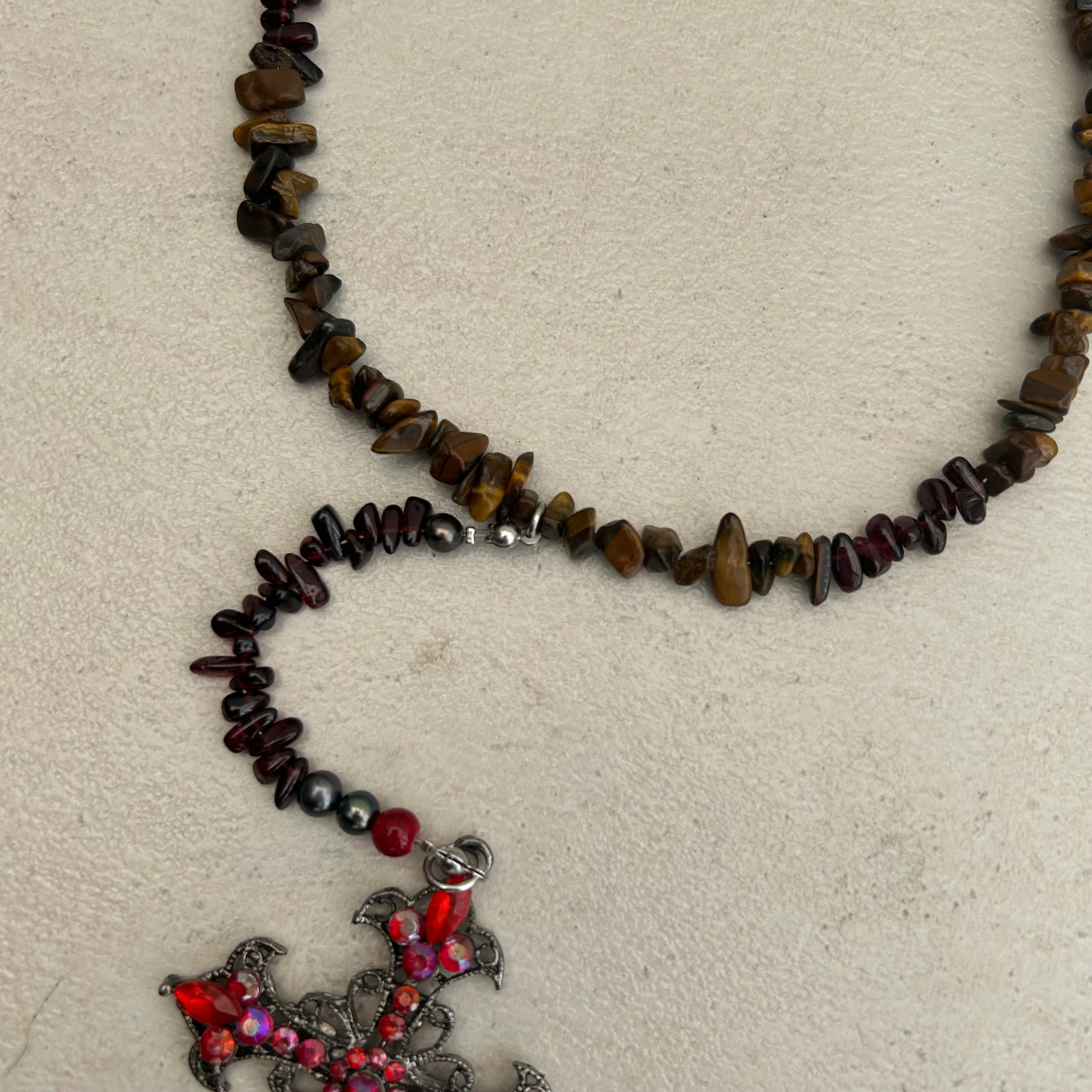 Tigers eye, garnet and freshwater pearl cross rosary inspired necklace