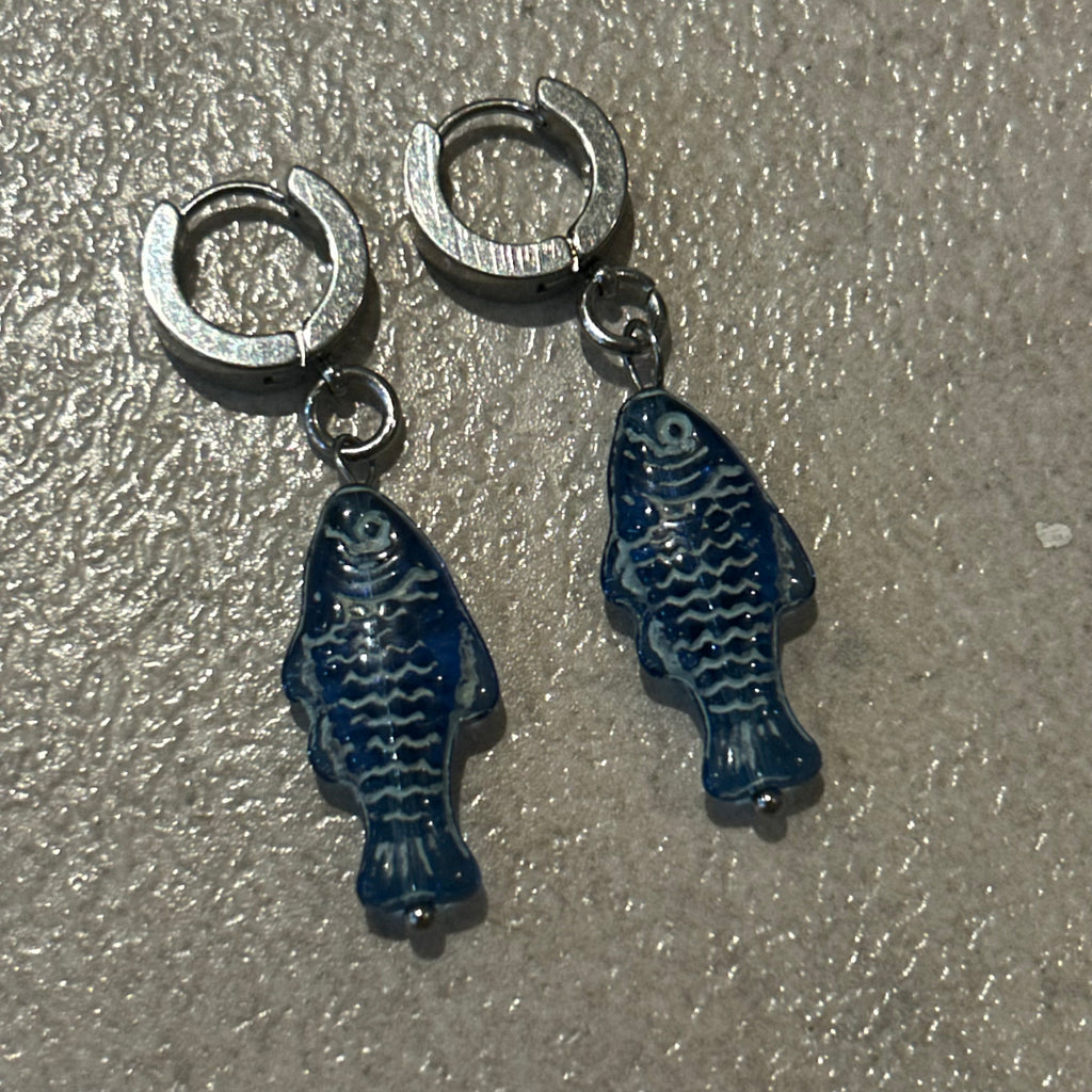 Light blue on navy fish earrings