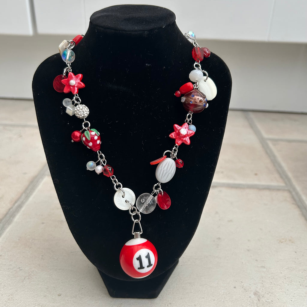 Lucky 11 red and white cluster clutter necklace