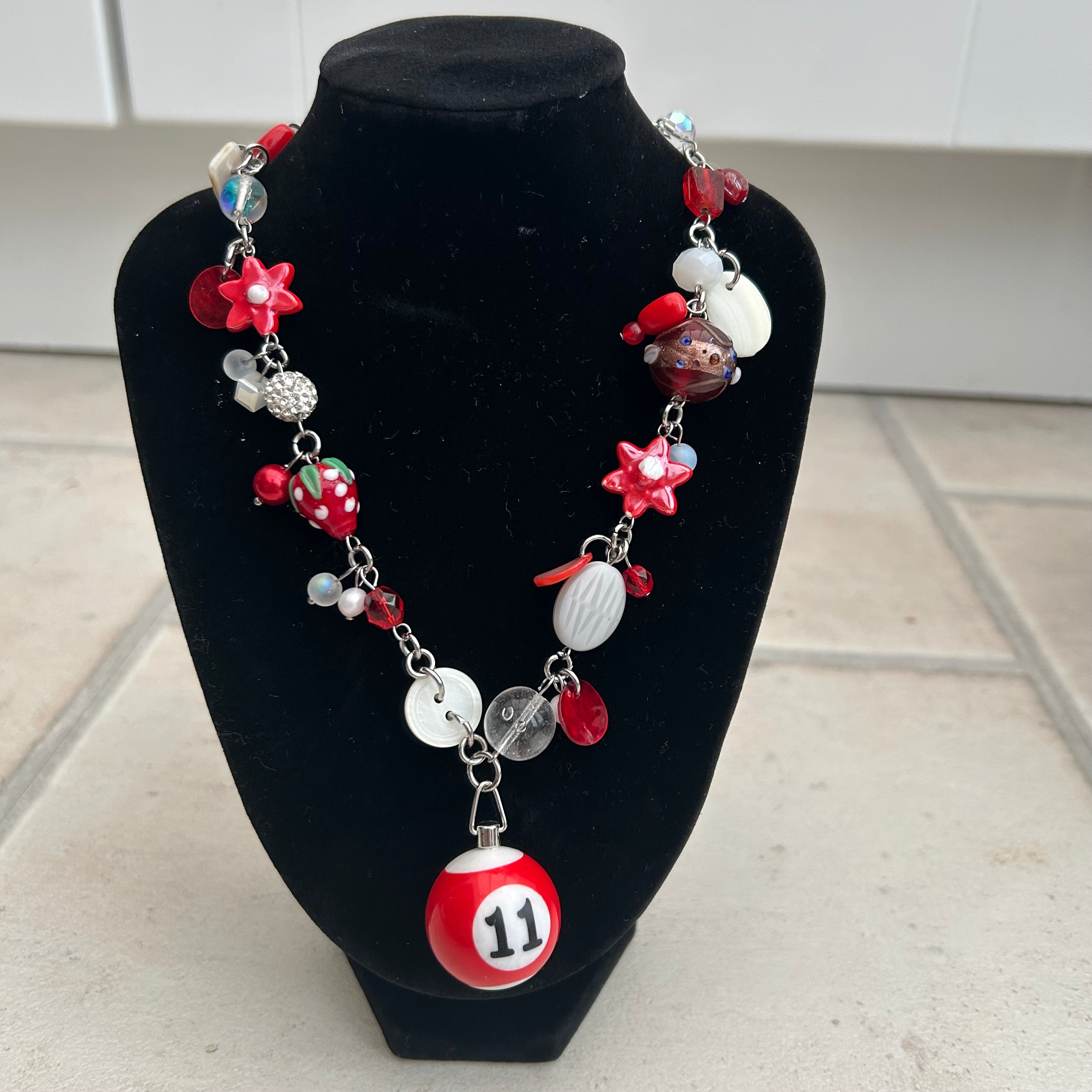 Lucky 11 red and white cluster clutter necklace