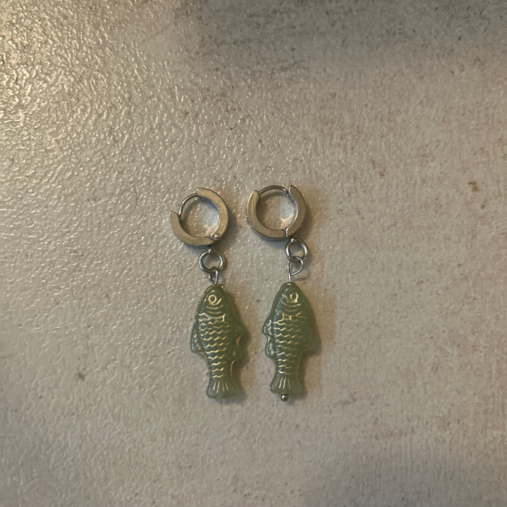 Gold on LIGHT green fish earrings