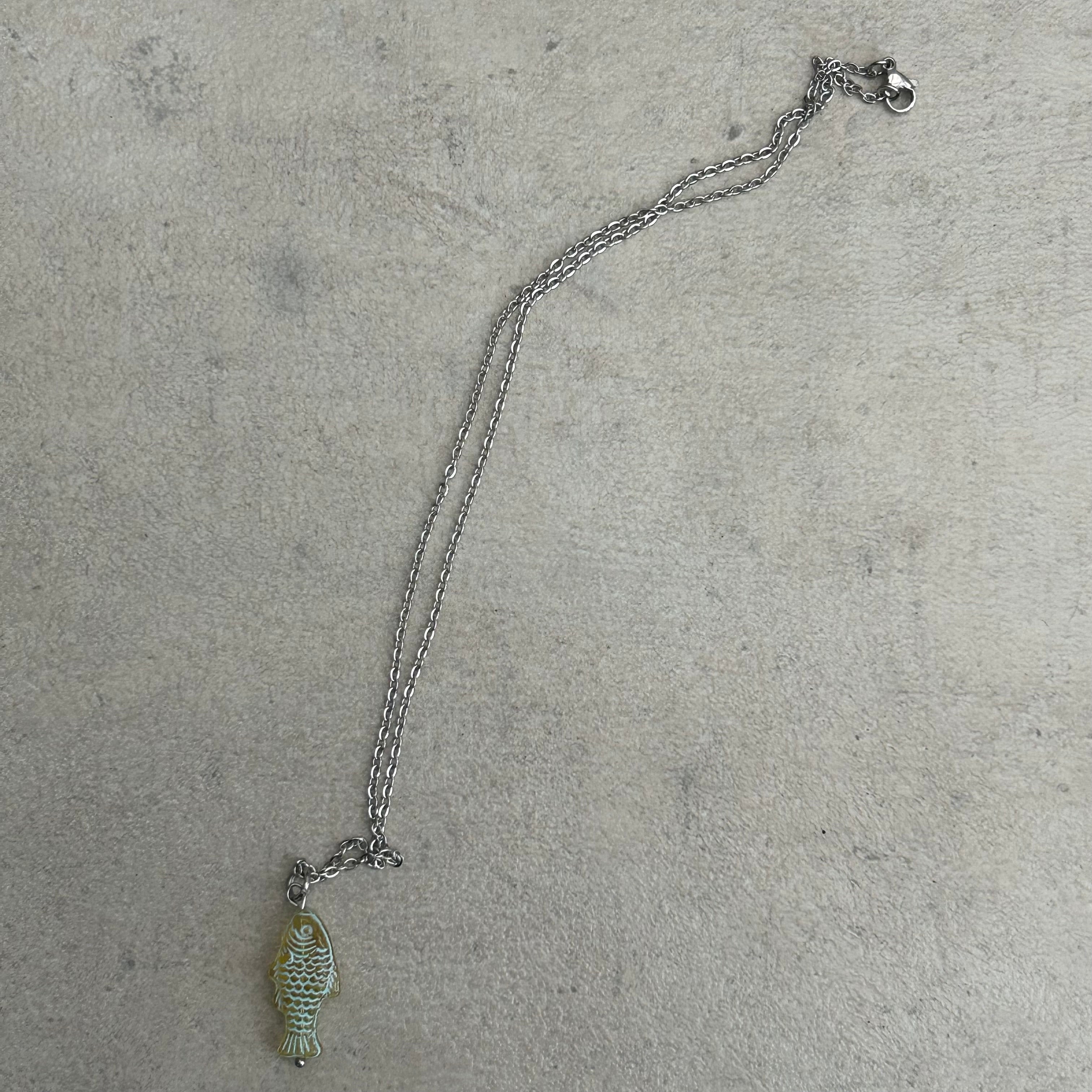 sage green glass fish stainless steel necklace