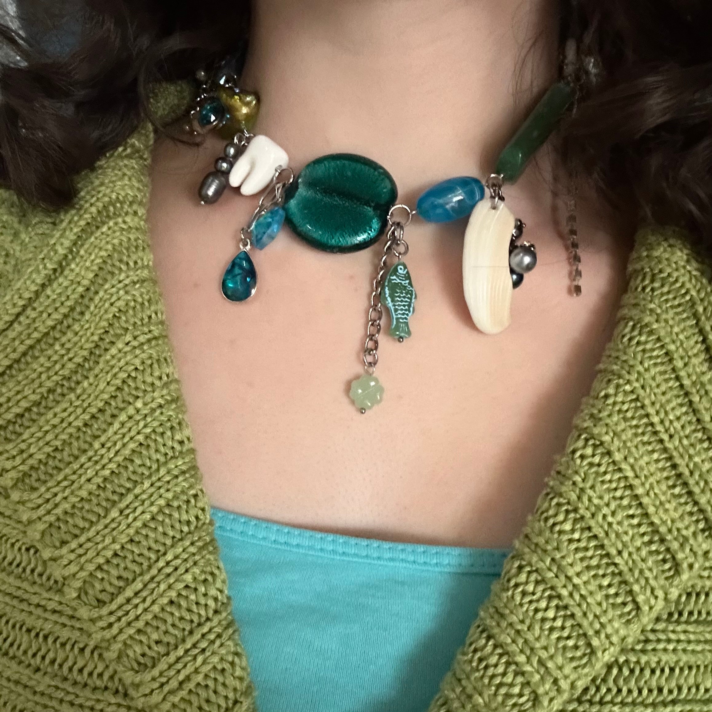 green and blue fish cluster necklace