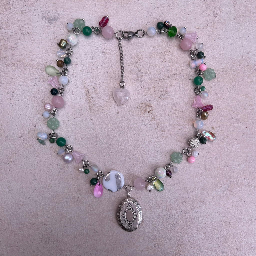 glass cluster clutter green and pink locket necklace