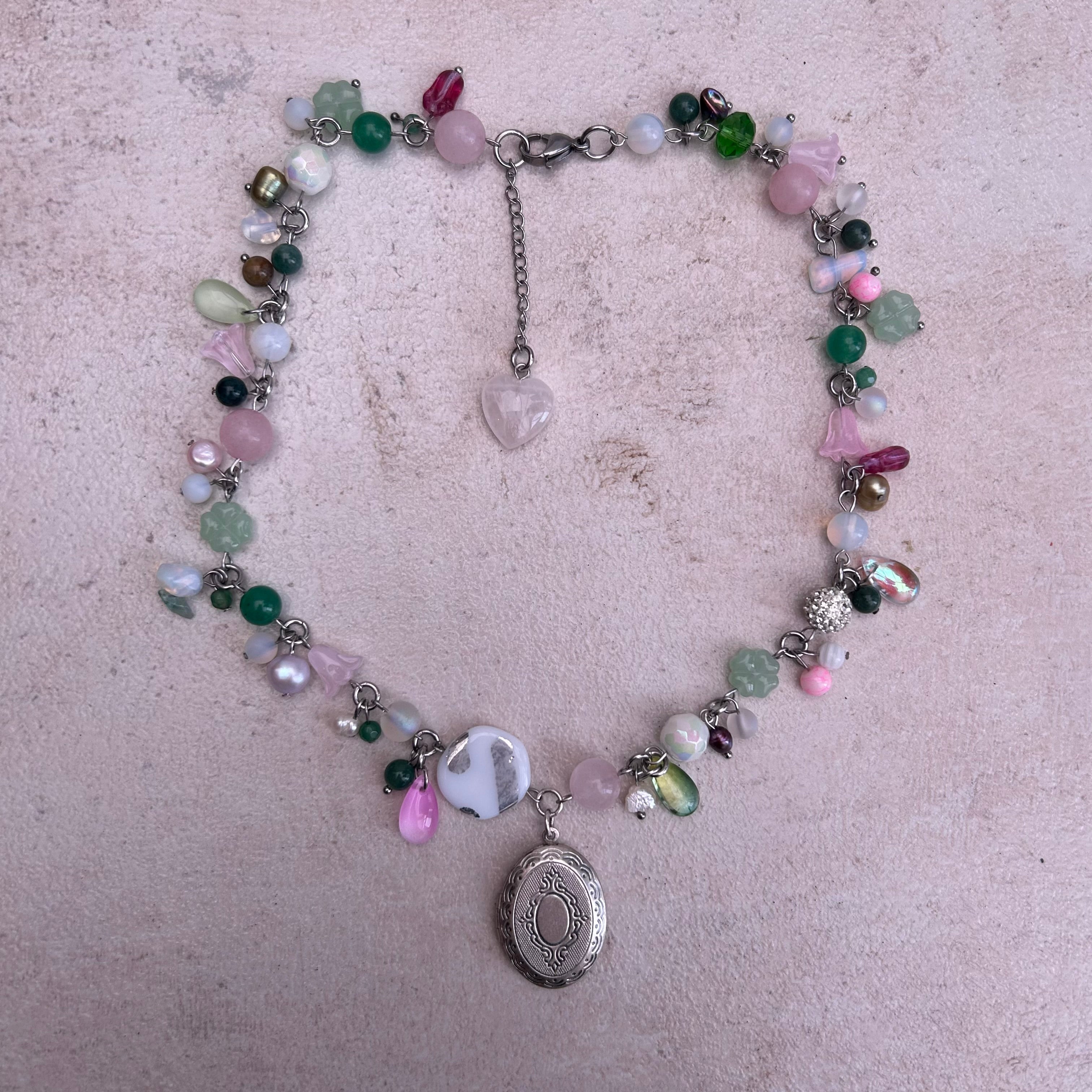 glass cluster clutter green and pink locket necklace