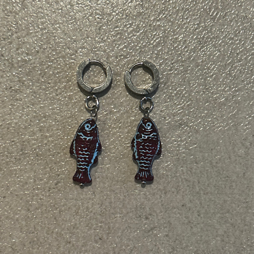 Blue on burgundy fish earrings