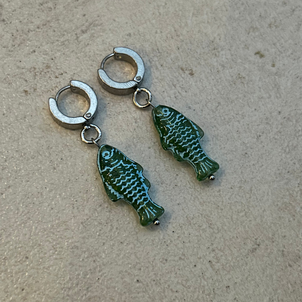 Blue on green fish earrings