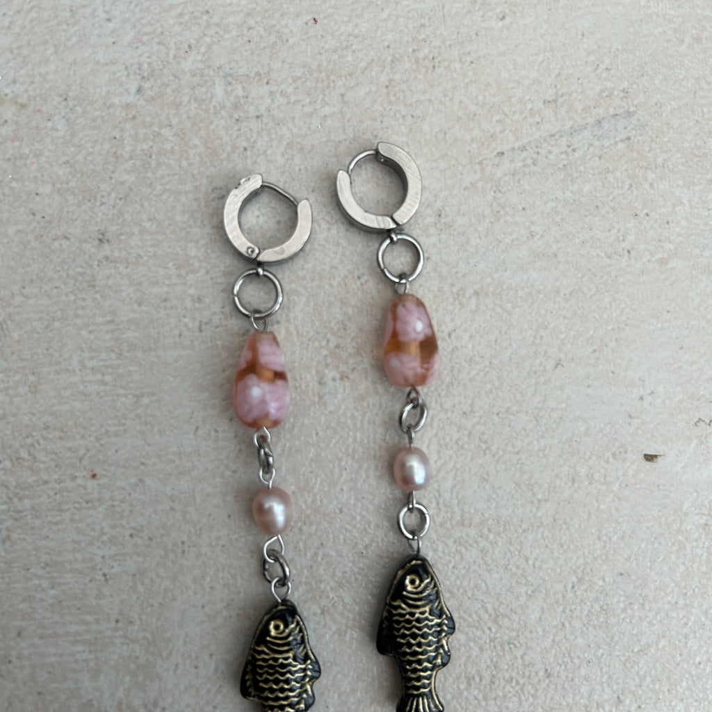 Blue glass fish freshwater pearl stainless steel earrings