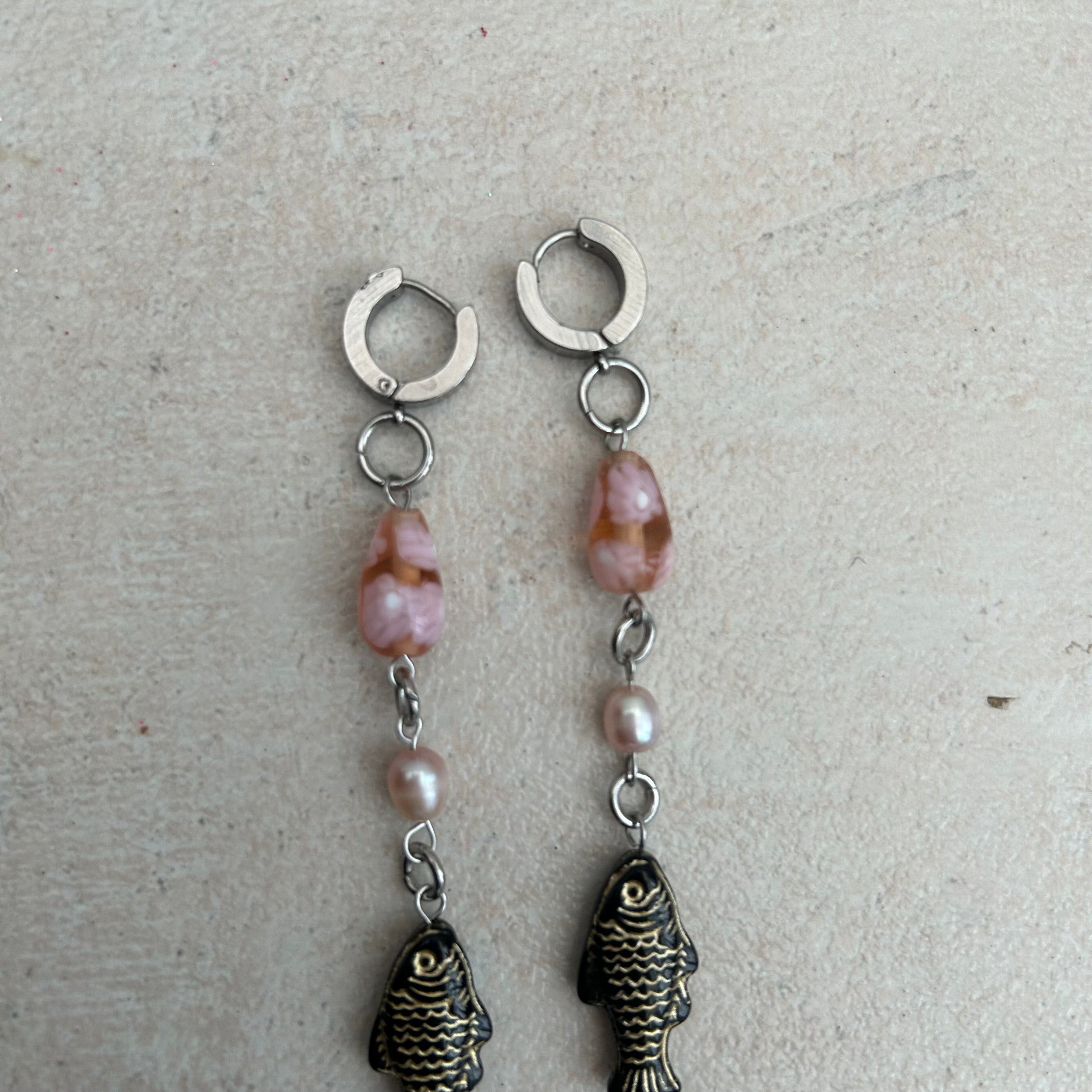 Blue glass fish freshwater pearl stainless steel earrings