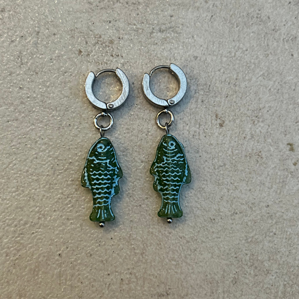 Blue on green fish earrings