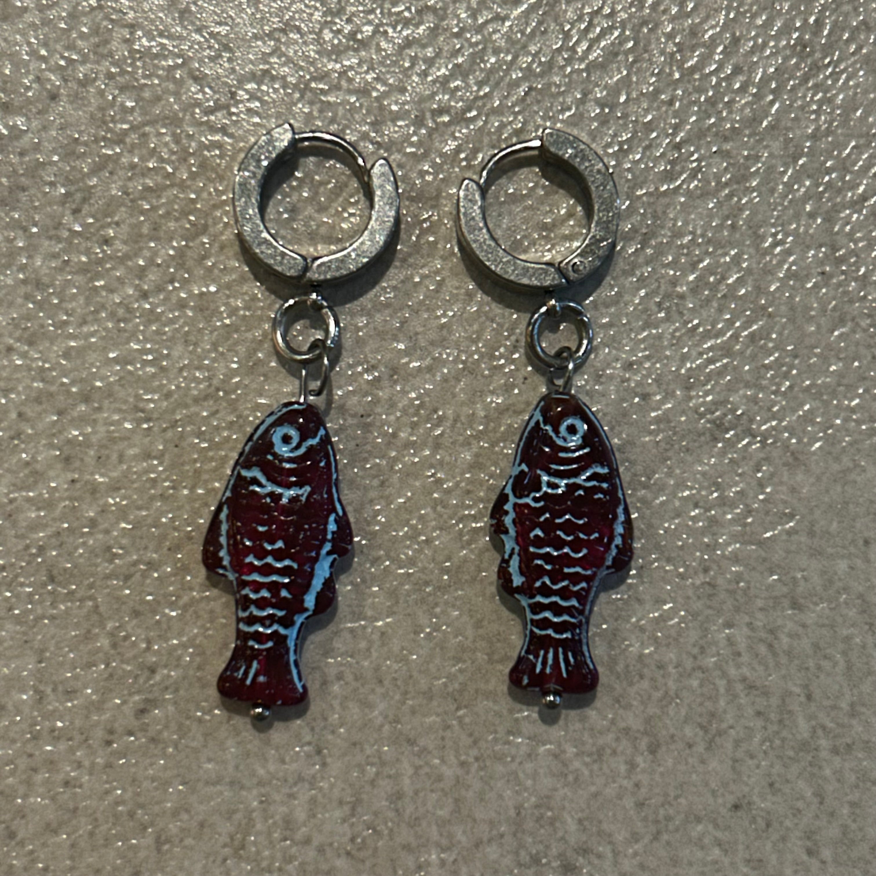 Blue on burgundy fish earrings