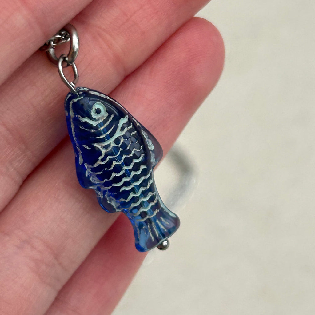 Light blue on dark blue fish necklace