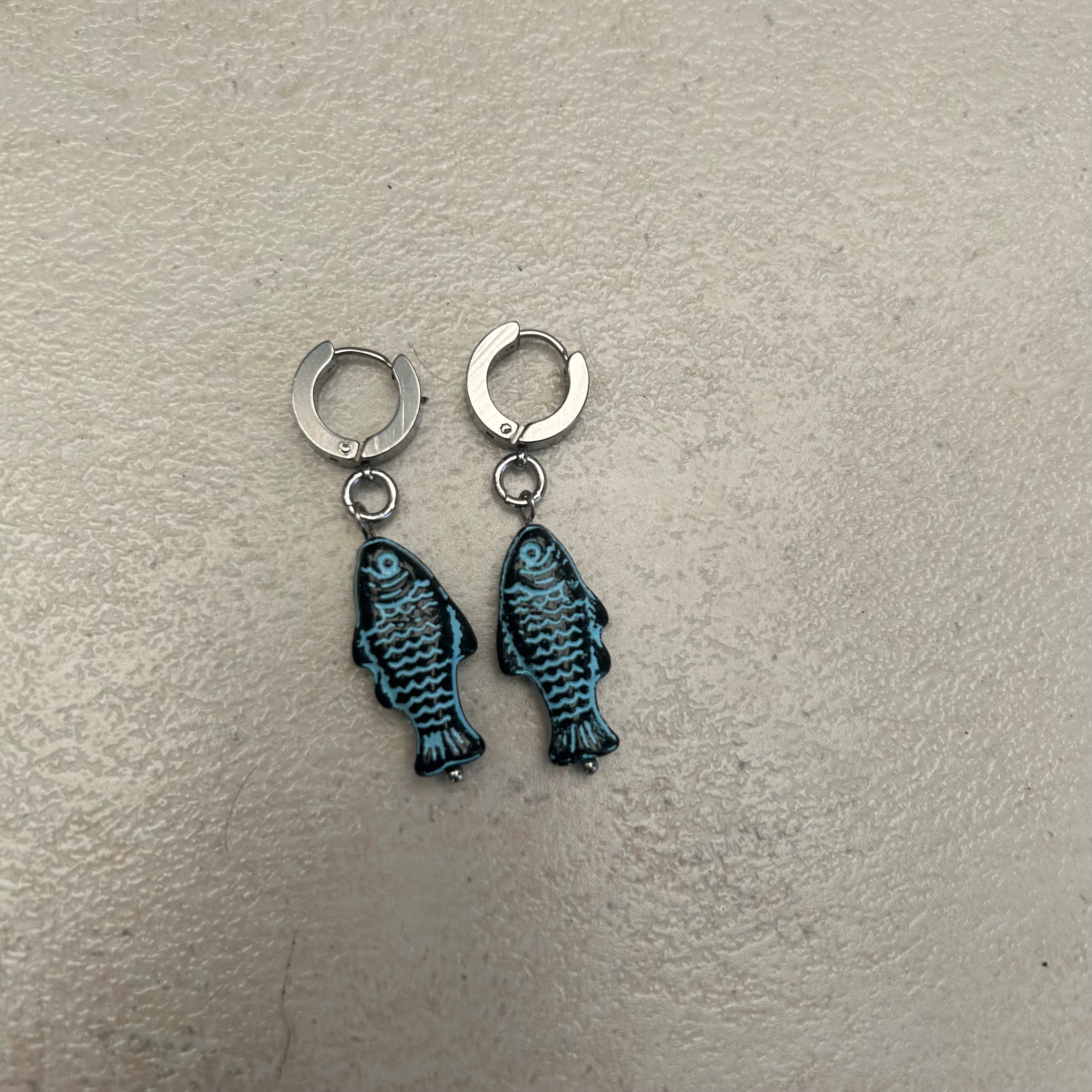 Blue on black fish earrings