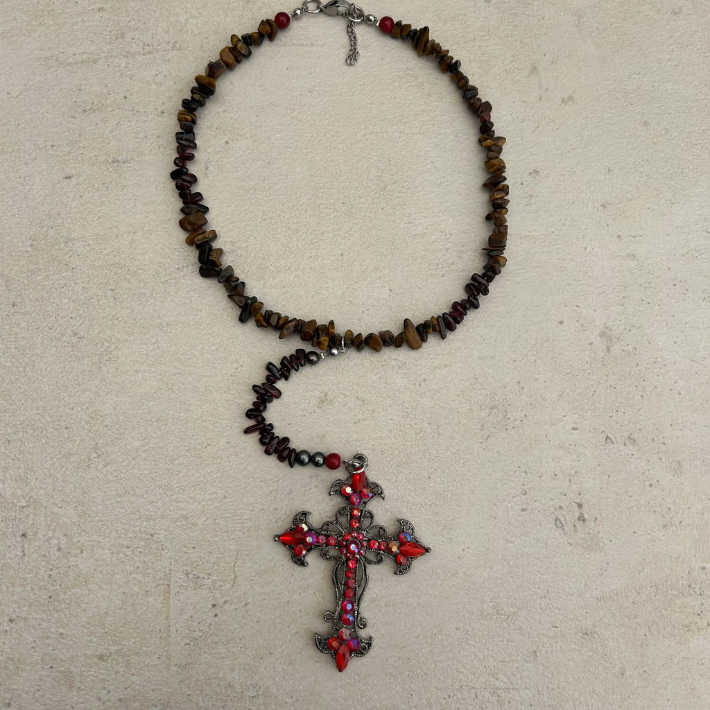 Tigers eye, garnet and freshwater pearl cross rosary inspired necklace