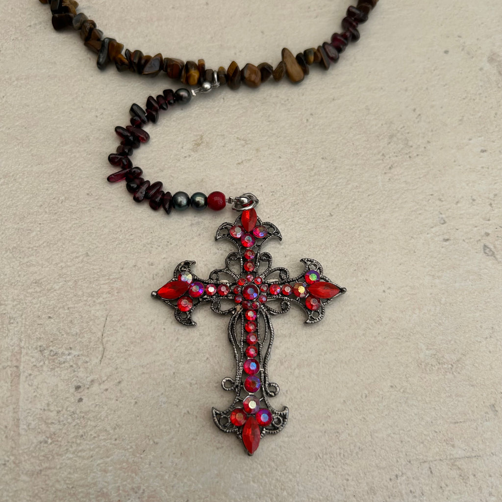 Tigers eye, garnet and freshwater pearl cross rosary inspired necklace