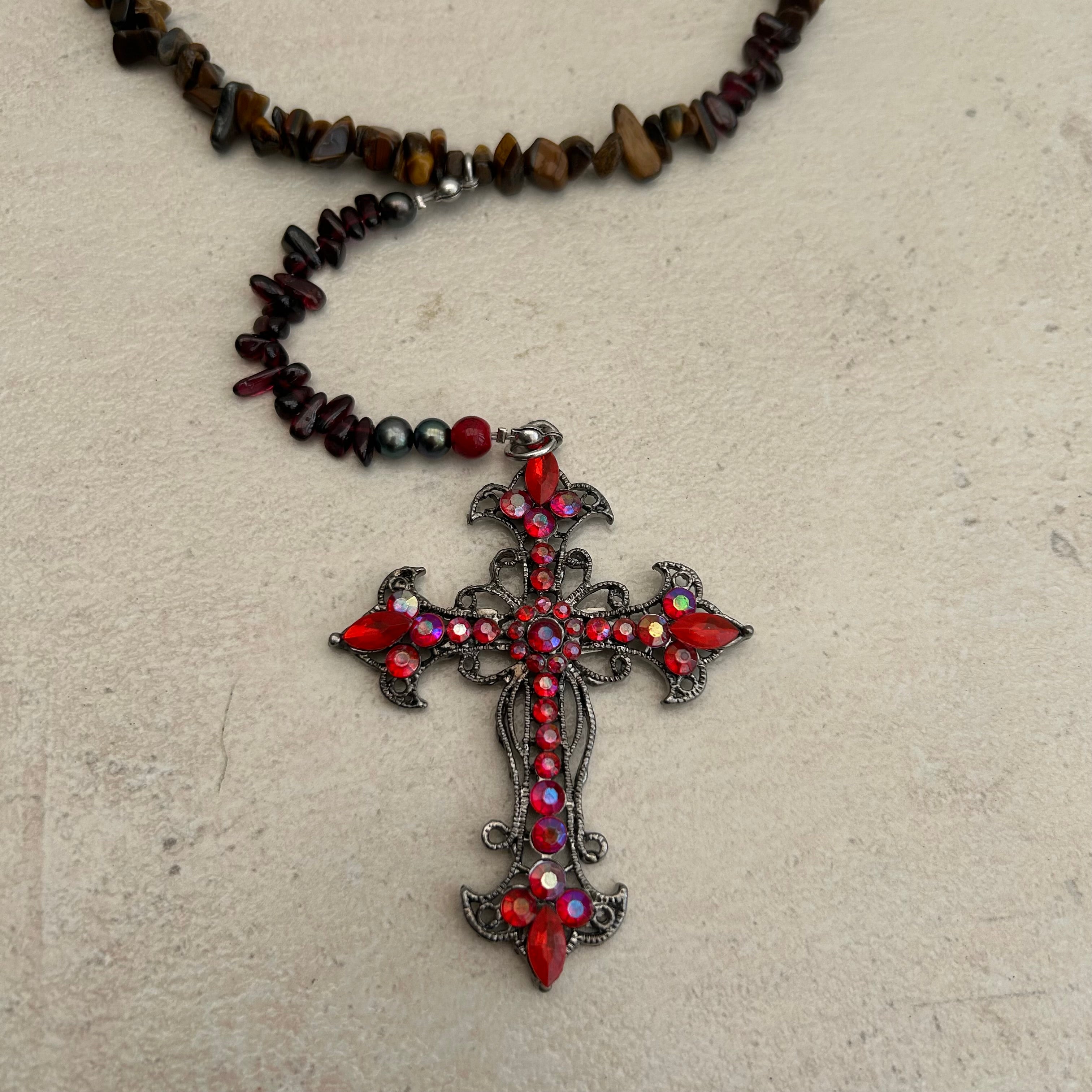 Tigers eye, garnet and freshwater pearl cross rosary inspired necklace