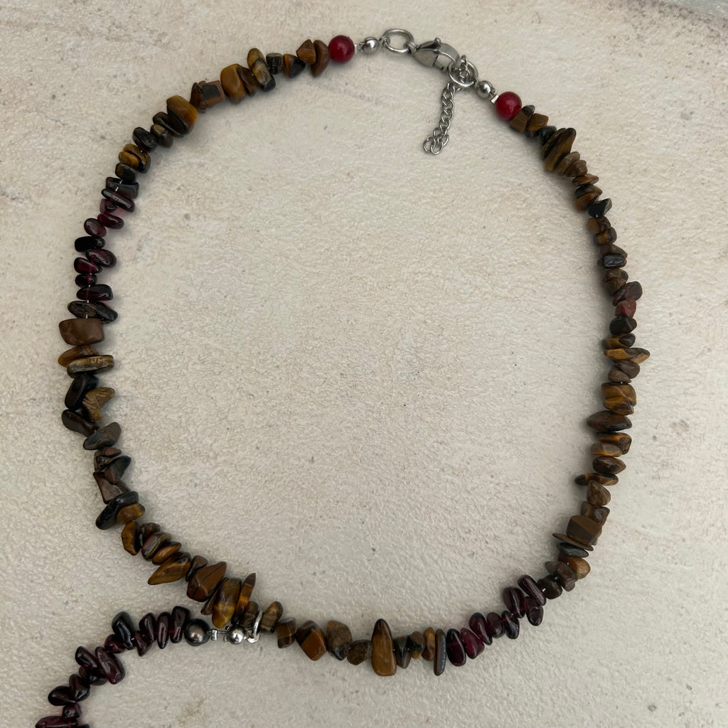 Tigers eye, garnet and freshwater pearl cross rosary inspired necklace