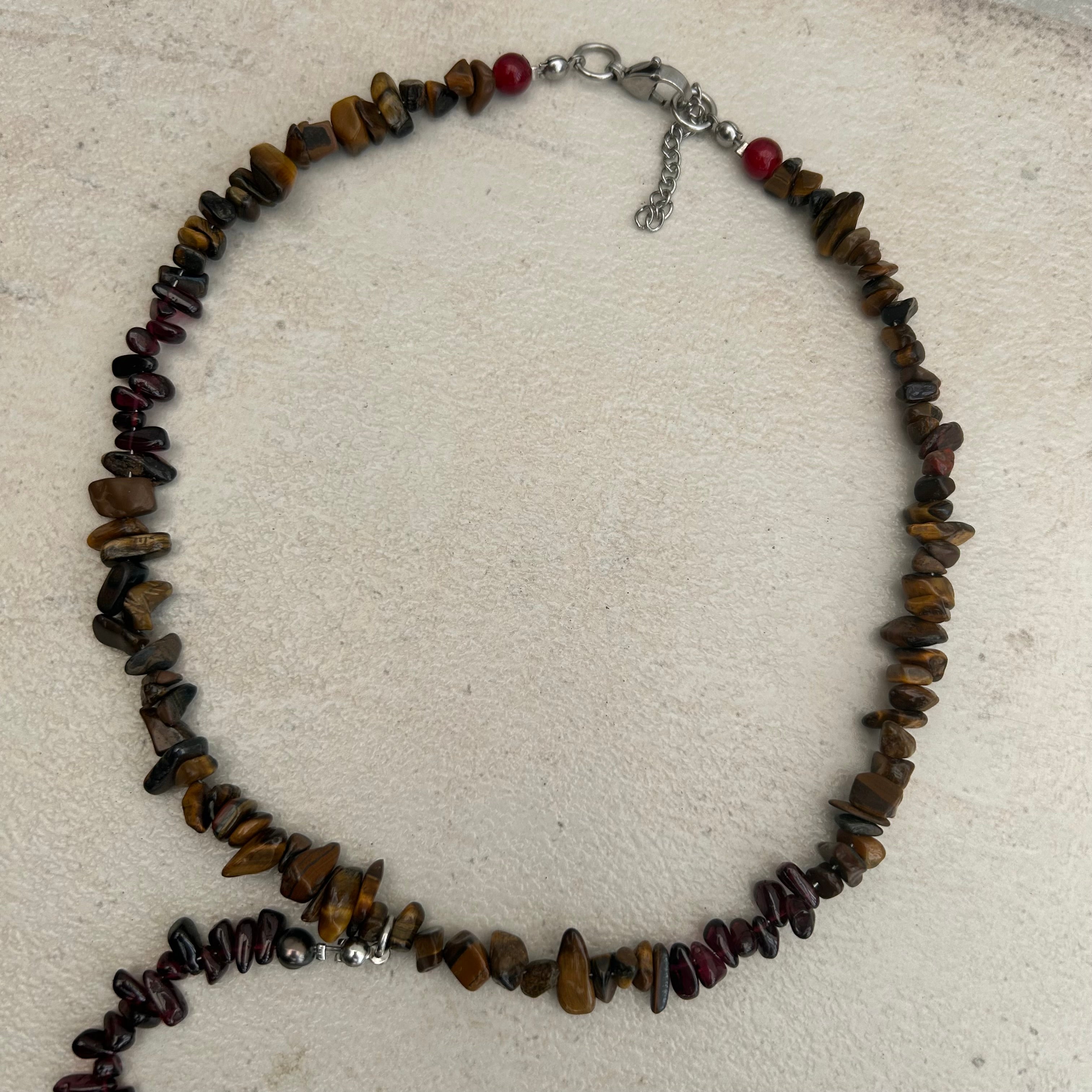 Tigers eye, garnet and freshwater pearl cross rosary inspired necklace
