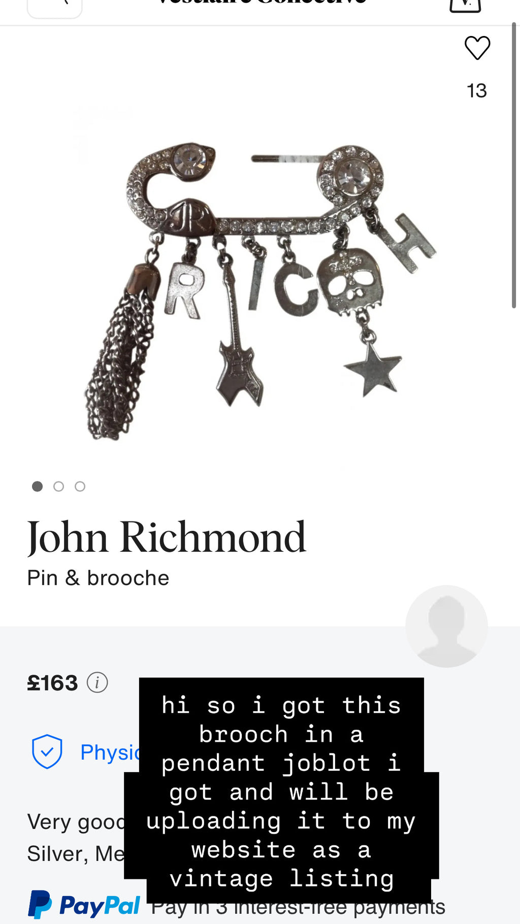 John Richmond "RICH" slogan diamanté pin/brooch