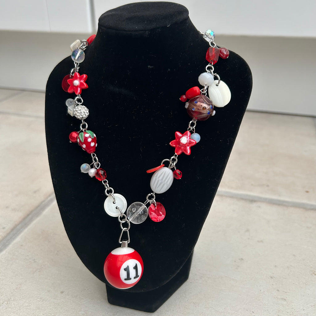 Lucky 11 red and white cluster clutter necklace