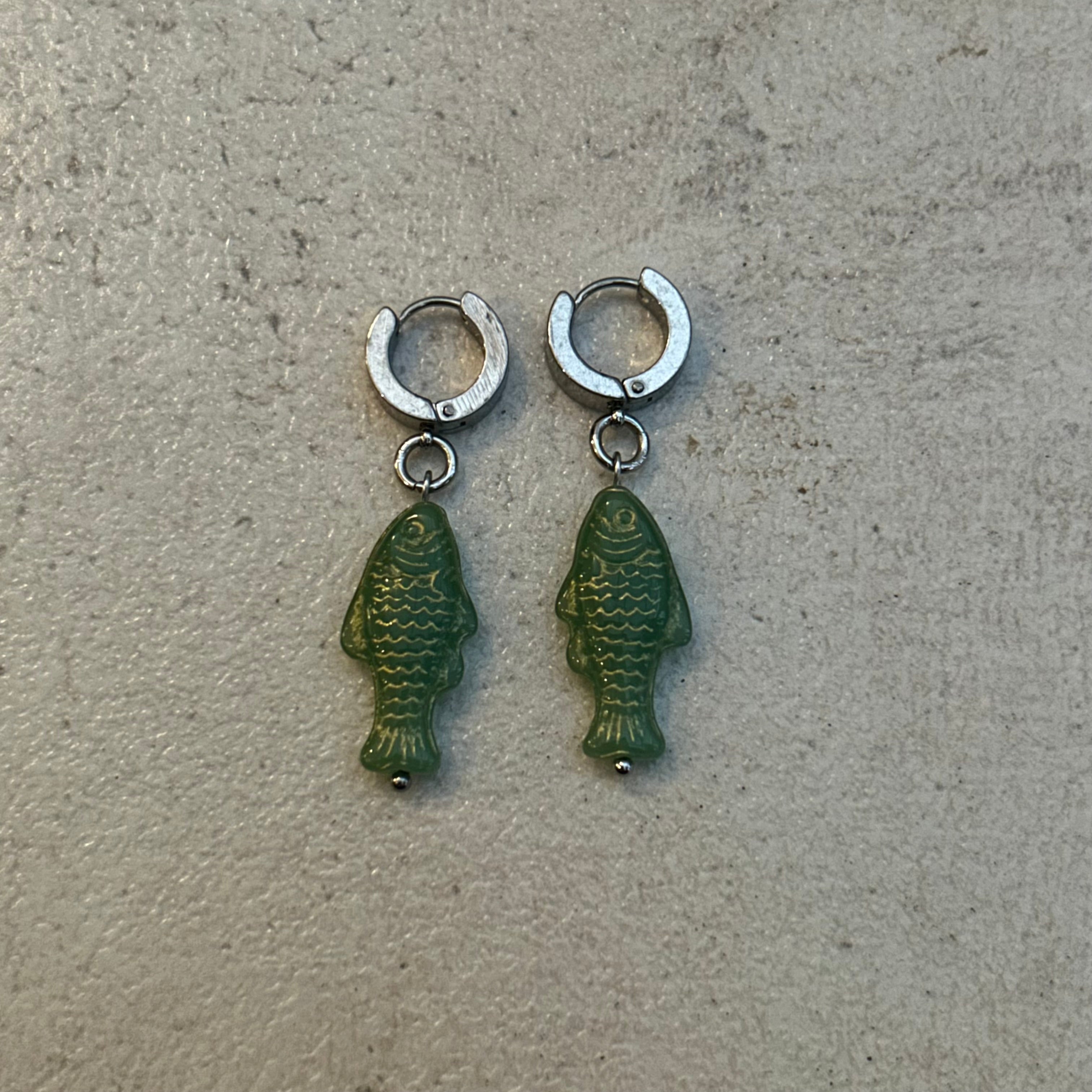 Gold on green fish earrings