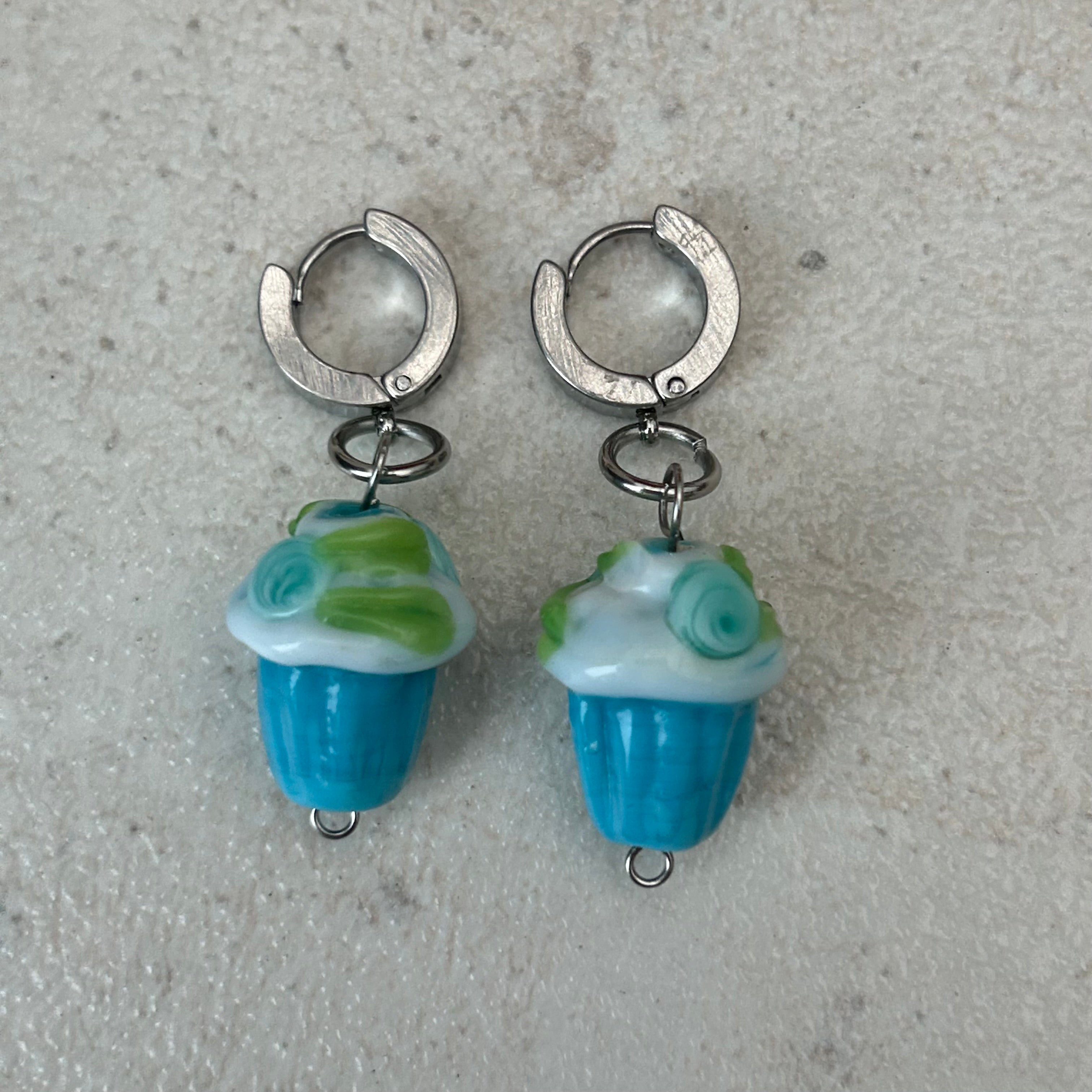 Glass lamp work cupcake stainless steel earrings