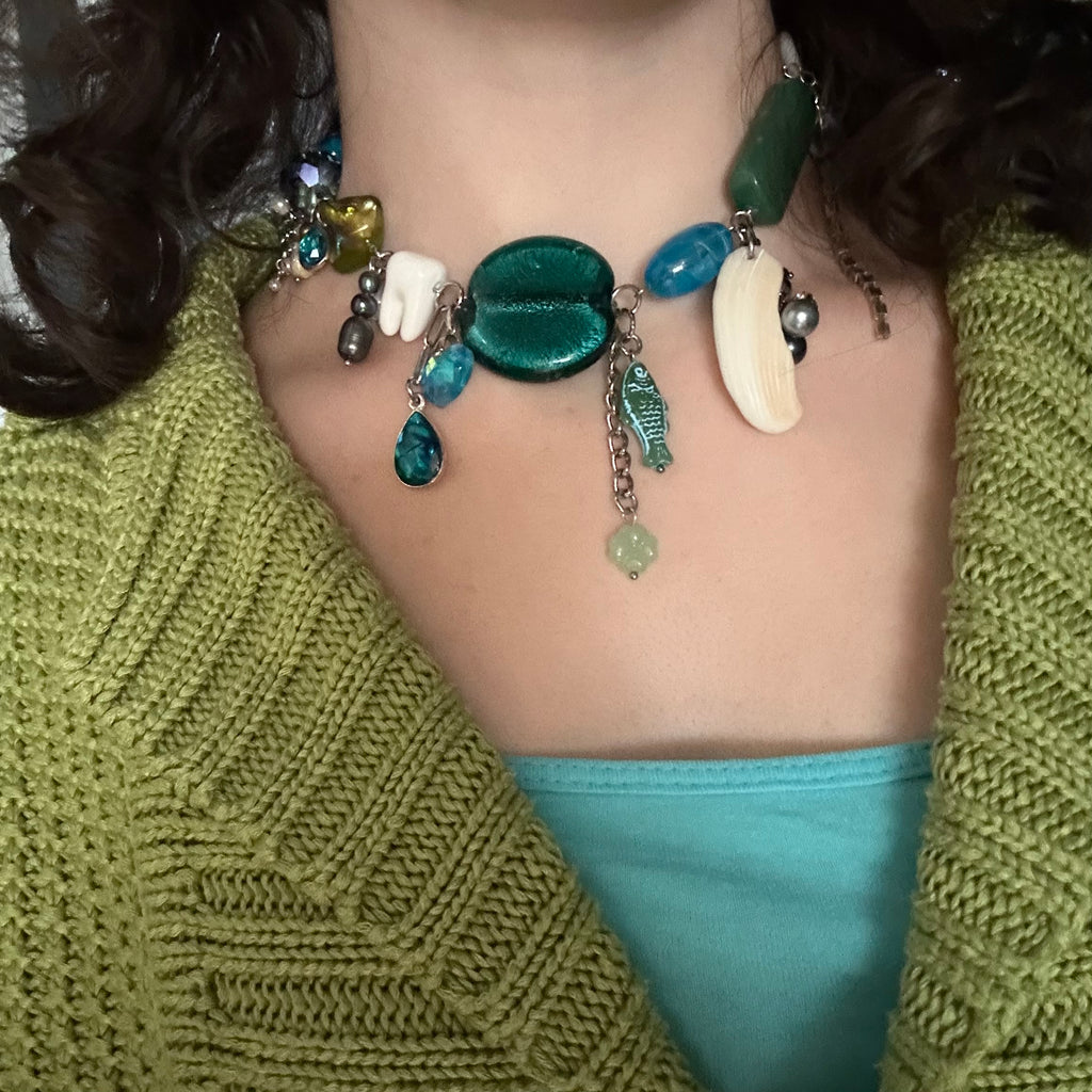 green and blue fish cluster necklace