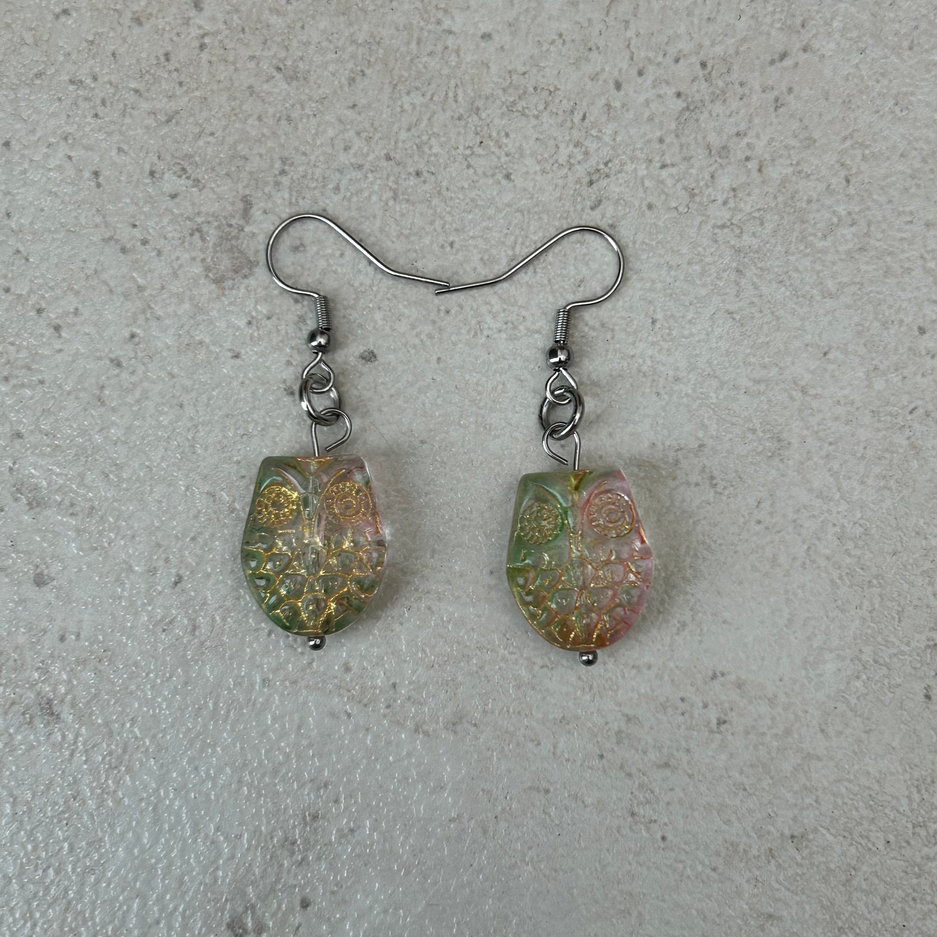 Pink and green wicked owl inspired earrings