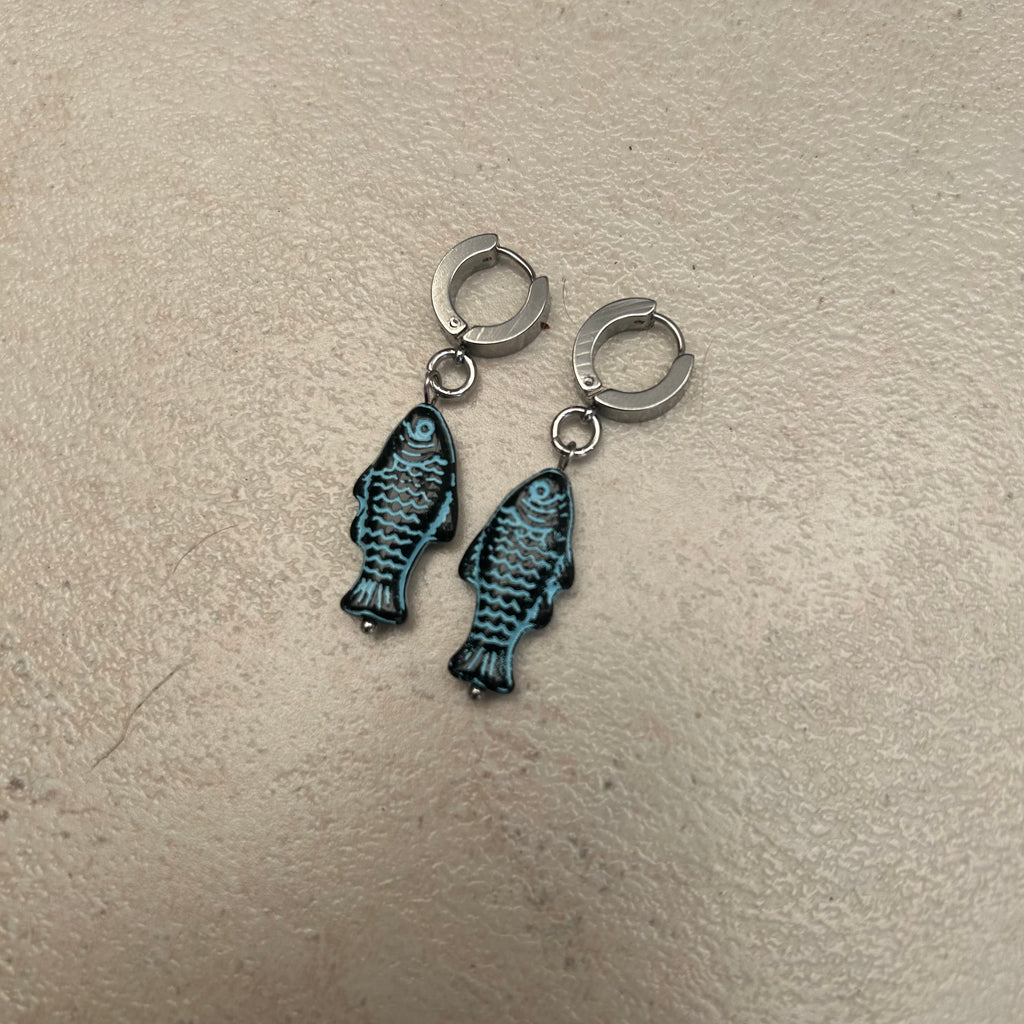 Blue on black fish earrings