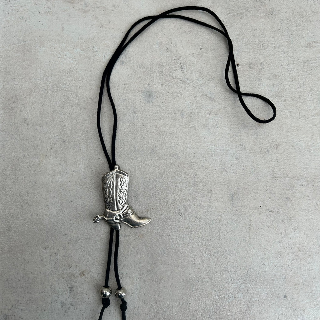 Handmade bolo tie with vintage cowboy boot pendant and upcycled beads