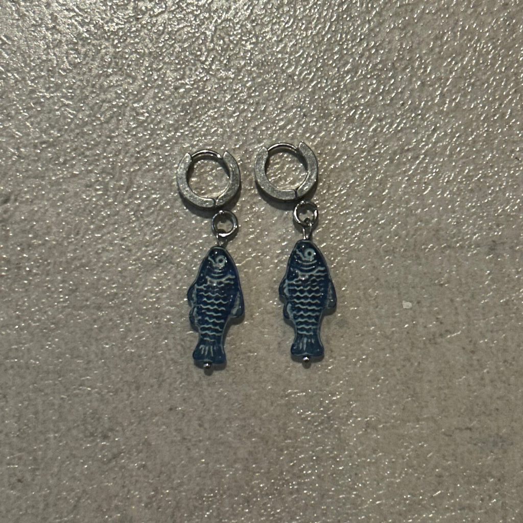 Light blue on navy fish earrings