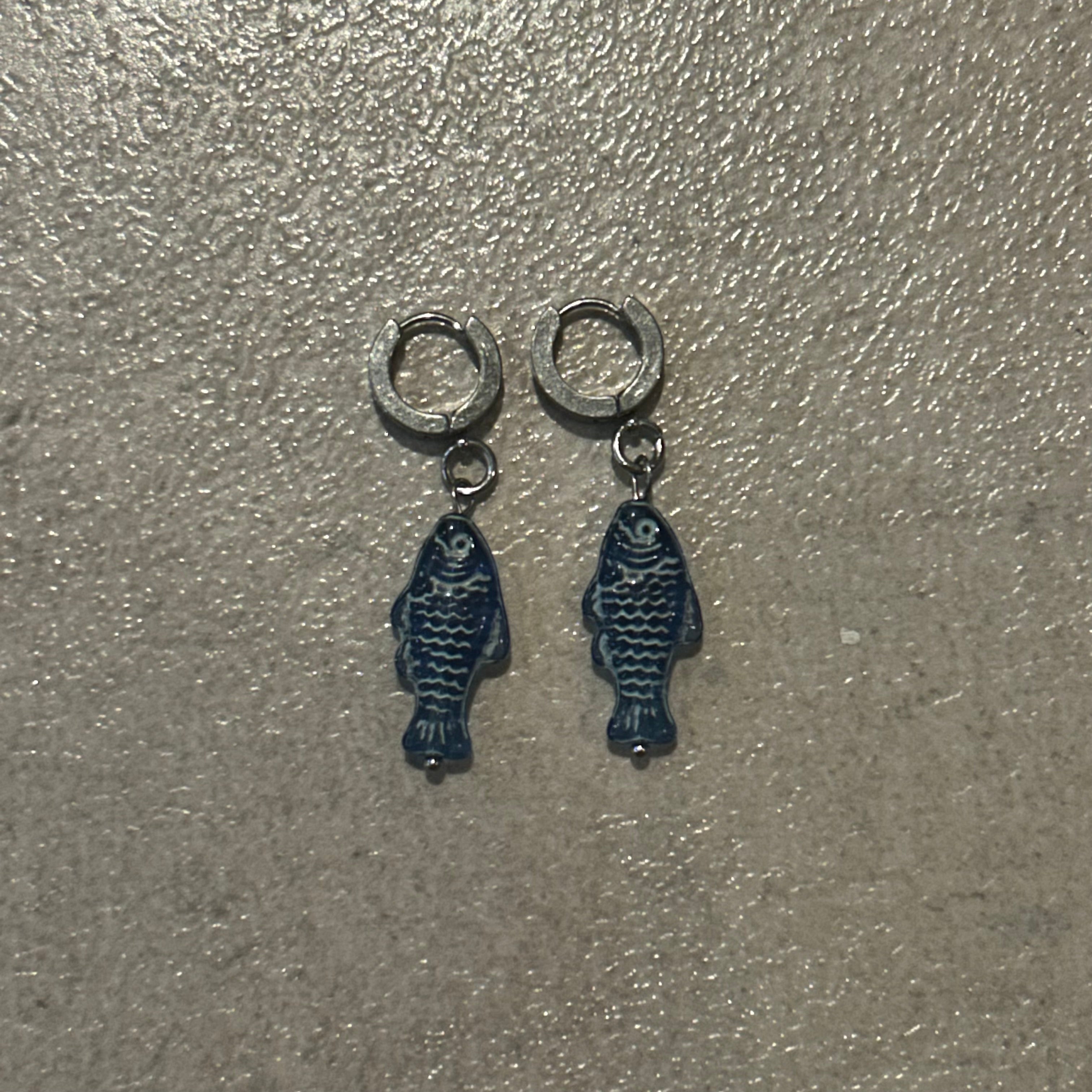 Light blue on navy fish earrings