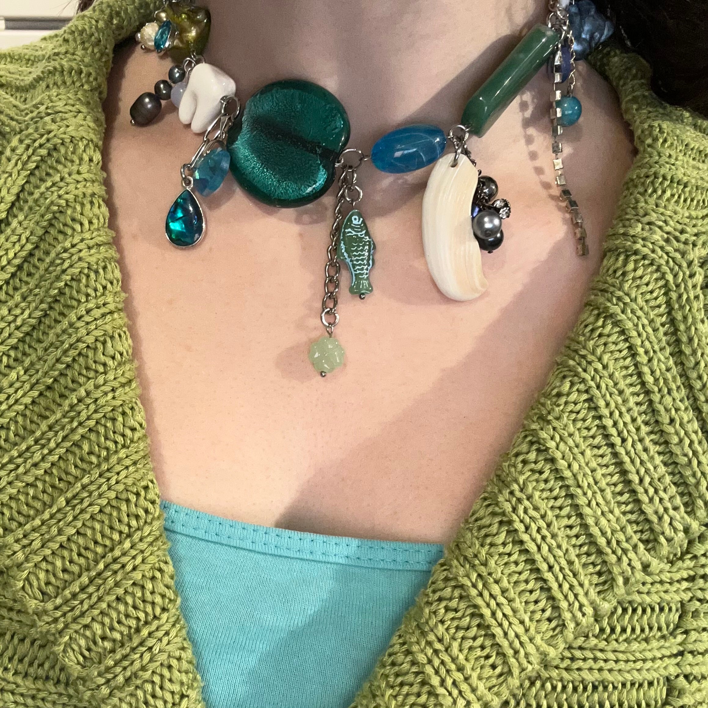 green and blue fish cluster necklace